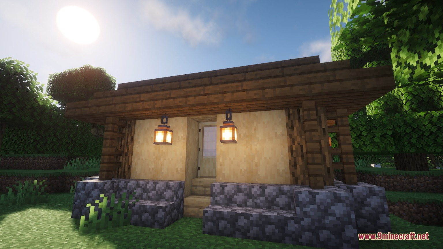 Spawnside Hearth Mod Screenshot 5 A small wooden starter house with lanterns and a cobblestone foundation