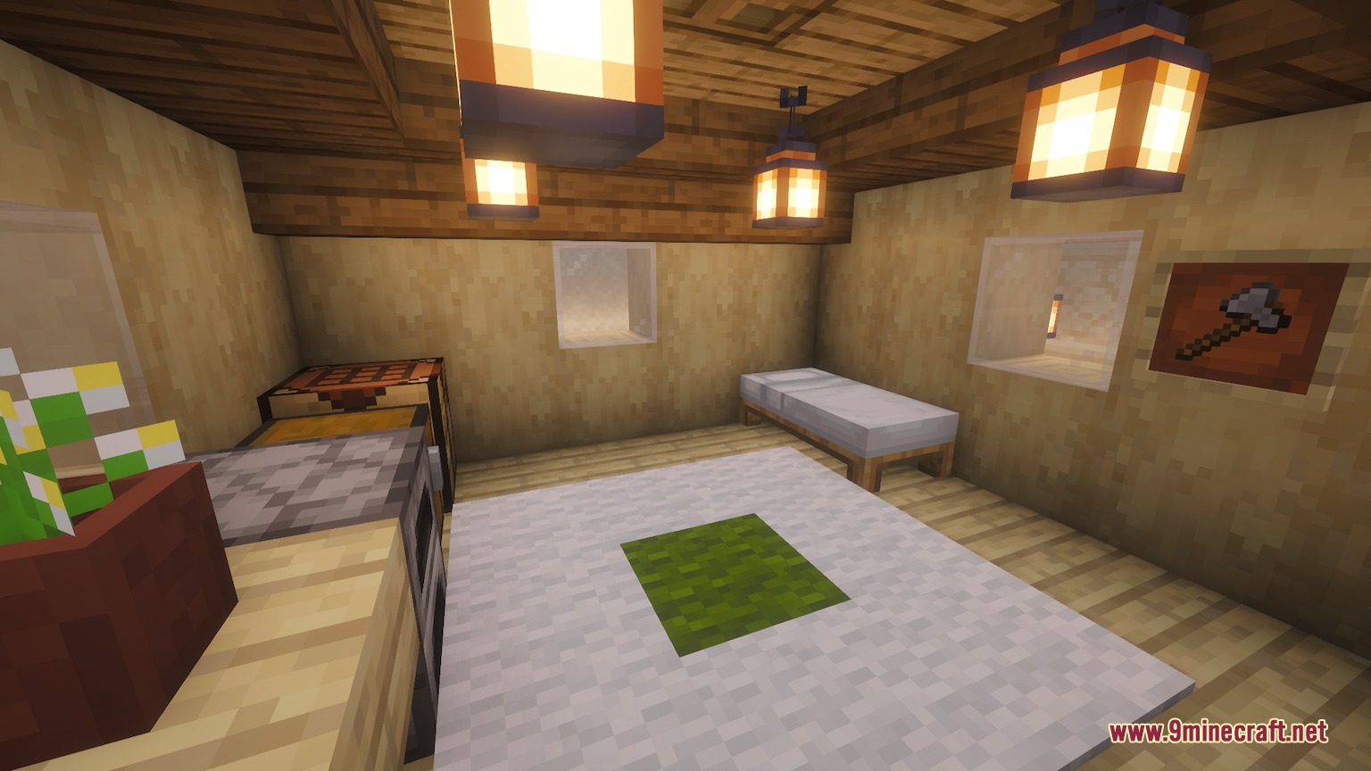 Spawnside Hearth Mod Screenshot 6 Interior of a small wooden house with a bed and crafting table