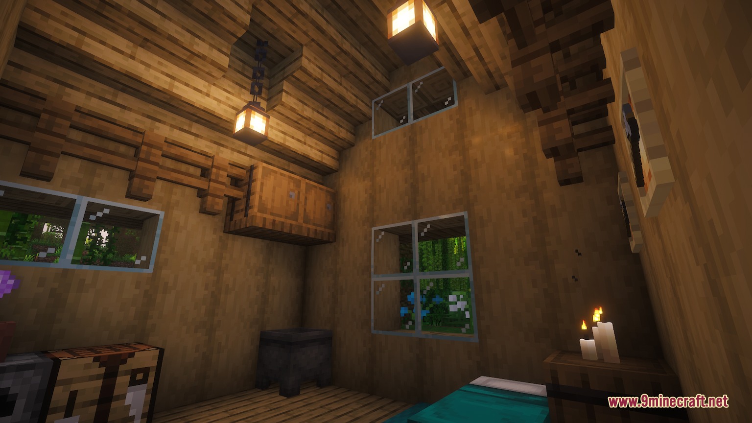 Spawnside Hearth Mod Screenshot 8 Interior of a wooden starter house showing a bed and crafting stations
