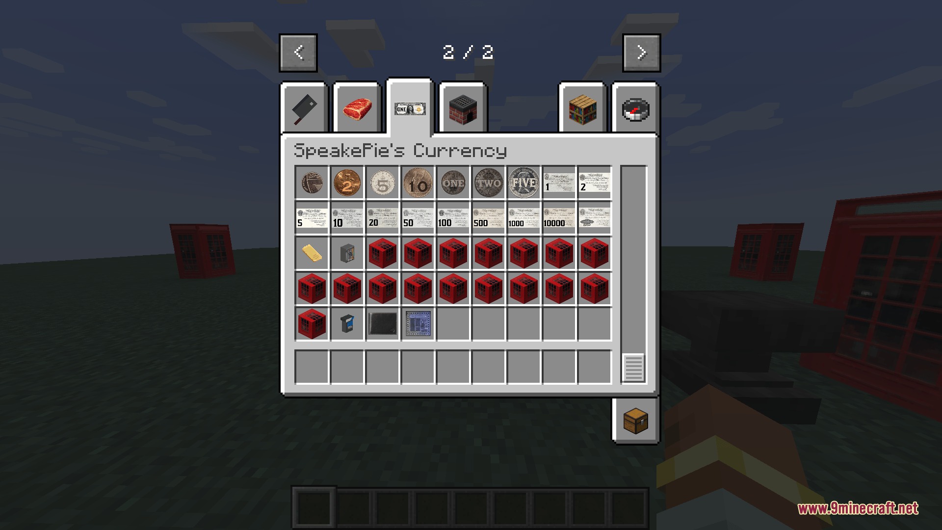 Inventory tab showing paper banknotes and red vending machine blocks for trading