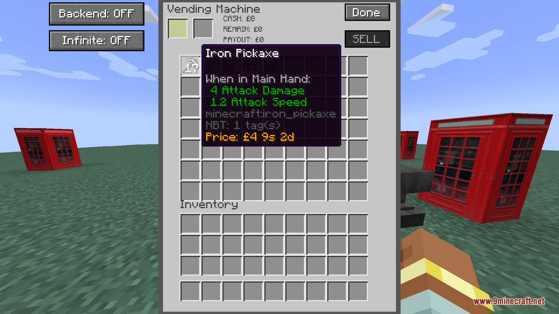 Vending machine interface displaying an iron pickaxe with a specific pound price