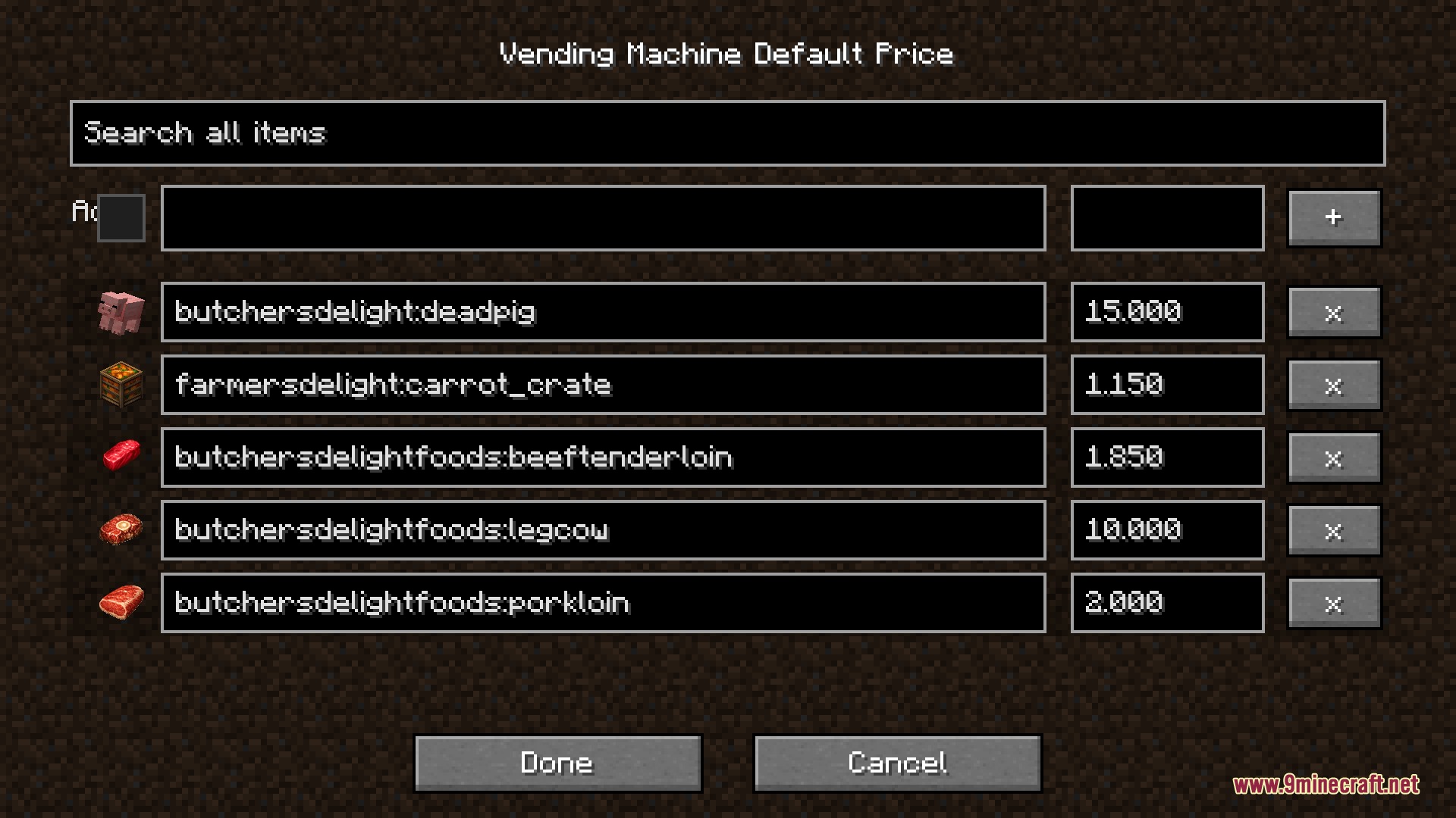 Configuration screen for setting default item prices within the vending machine system