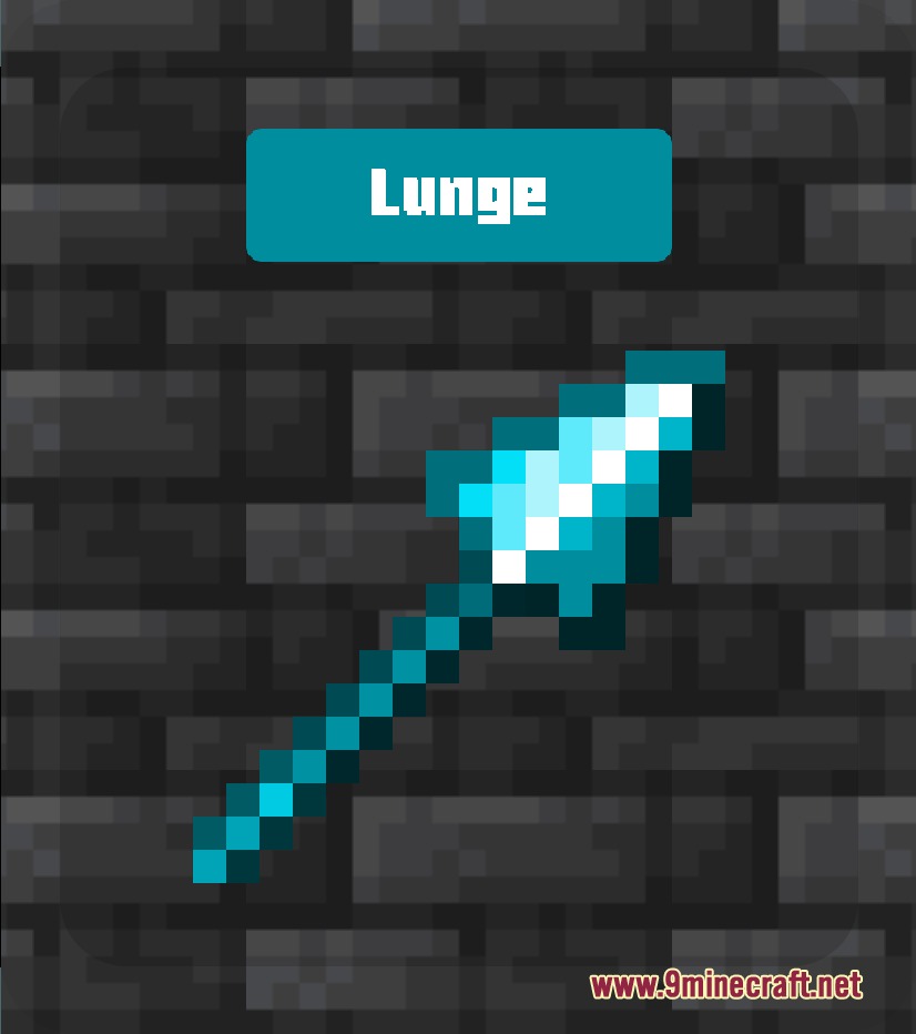 Spear Enchant Indicator Lunge and Sharpness Resource Pack Screenshot 4 A cyan pixelated spear item with a Lunge enchantment label above it
