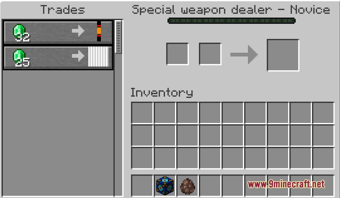 Special Weapons Meme Items Armor Food and More. Mod Screenshot 1 Trading interface of a novice special weapon dealer offering items for emeralds