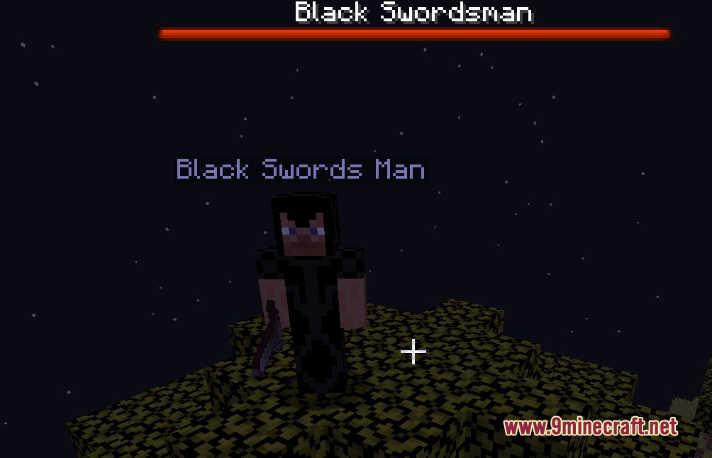 Special Weapons Meme Items Armor Food and More. Mod Screenshot 2 Powerful Black Swordsman boss mob standing on a platform under the night sky