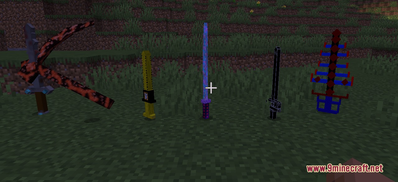 Special Weapons Meme Items Armor Food and More. Mod Screenshot 3 Various unique custom swords and weapons displayed on the Minecraft grass