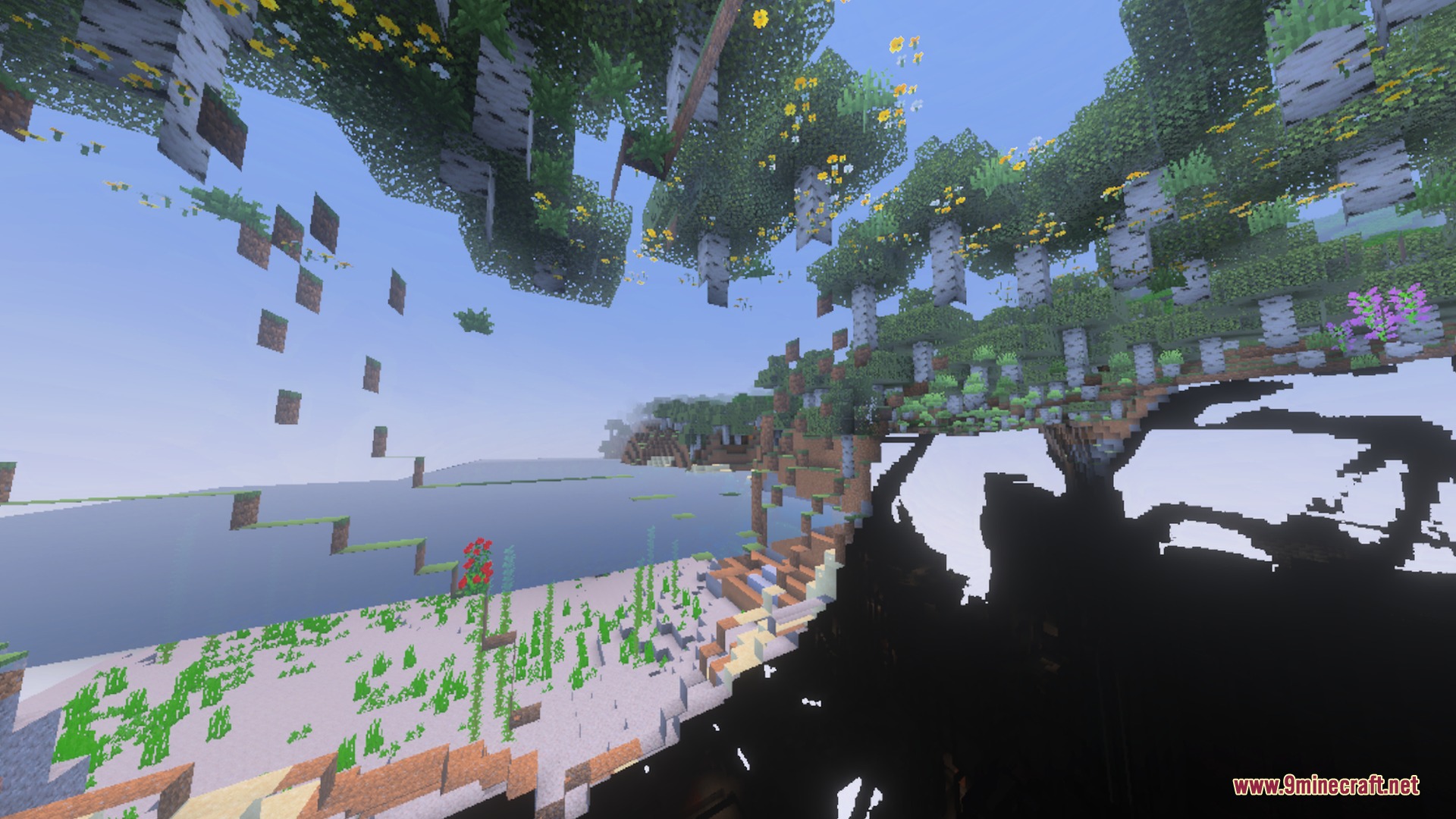 Spectral Horizons Shader Screenshot 2 Underground view showing floating birch trees and flowers through the terrain