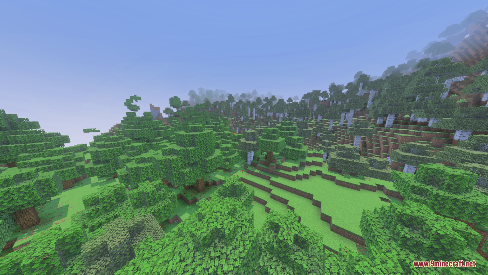 Spectral Horizons Shader Screenshot 6 Lush green forest landscape with enhanced lighting and colorful atmospheric biome fog