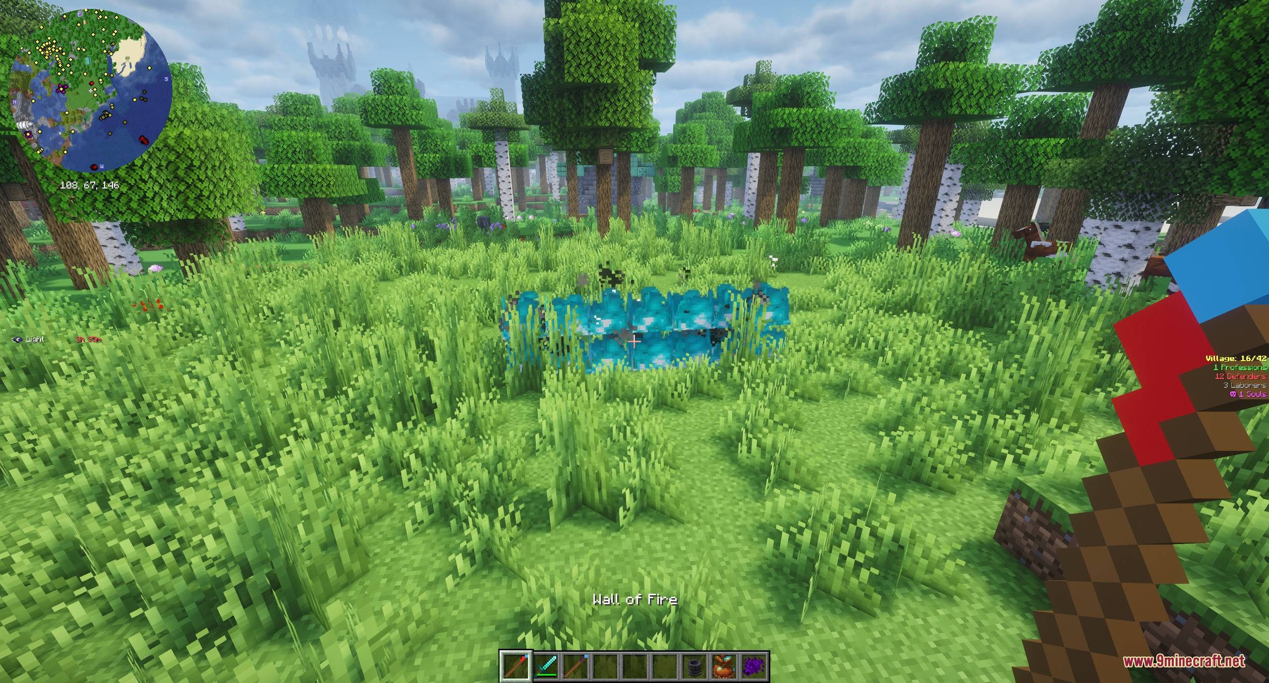 Spells & Spellcrafting Mod Screenshot 5 A player uses a magic wand to summon a blue wall of fire