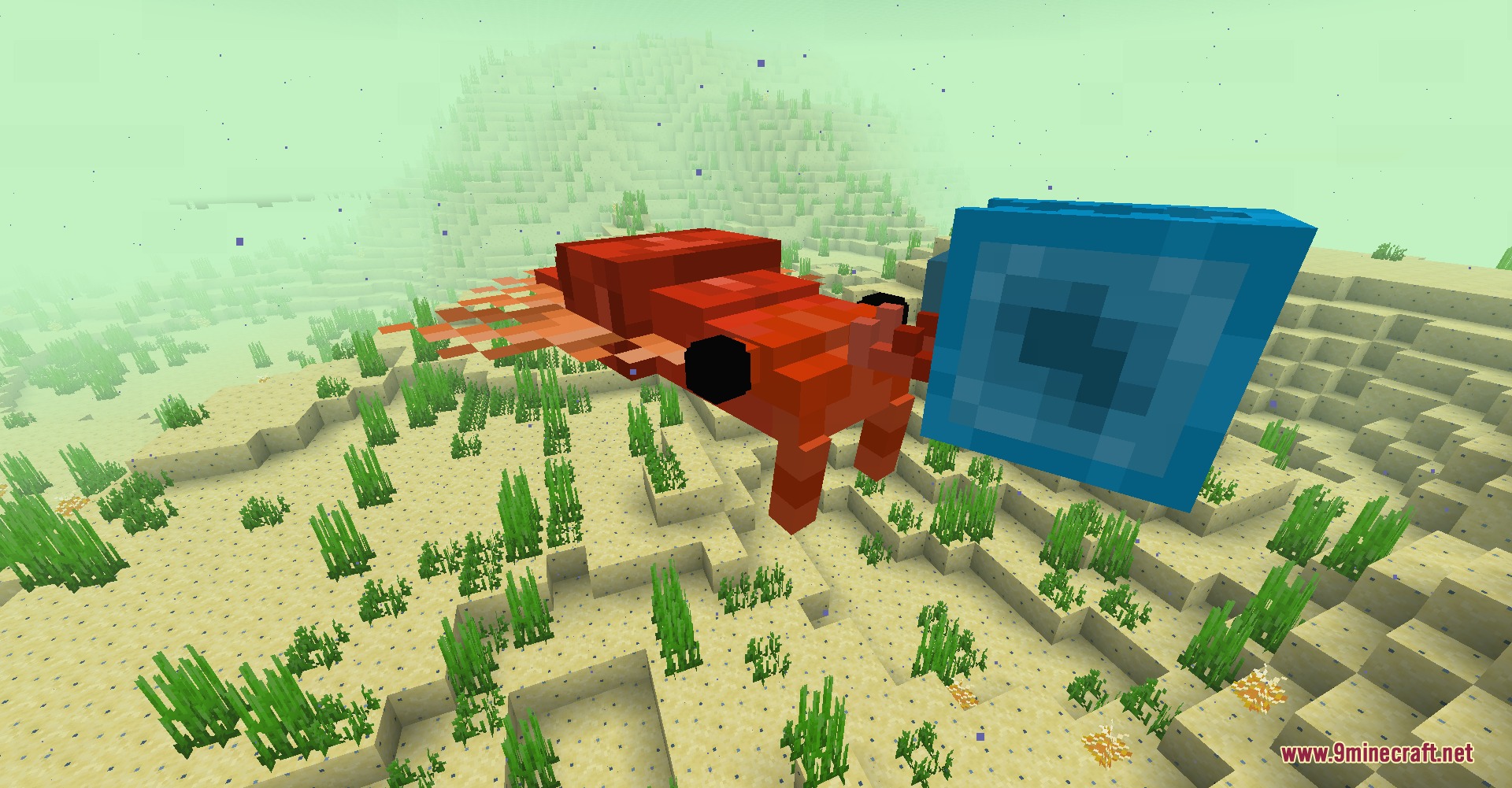 Spoduo the Spores Mod Screenshot 1 A red Anomalocaris swims near a blue block in an underwater biome