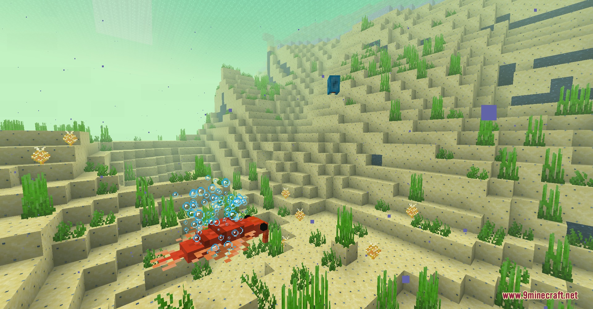 Spoduo the Spores Mod Screenshot 2 Red prehistoric creature resting on the sandy ocean floor with rising bubbles