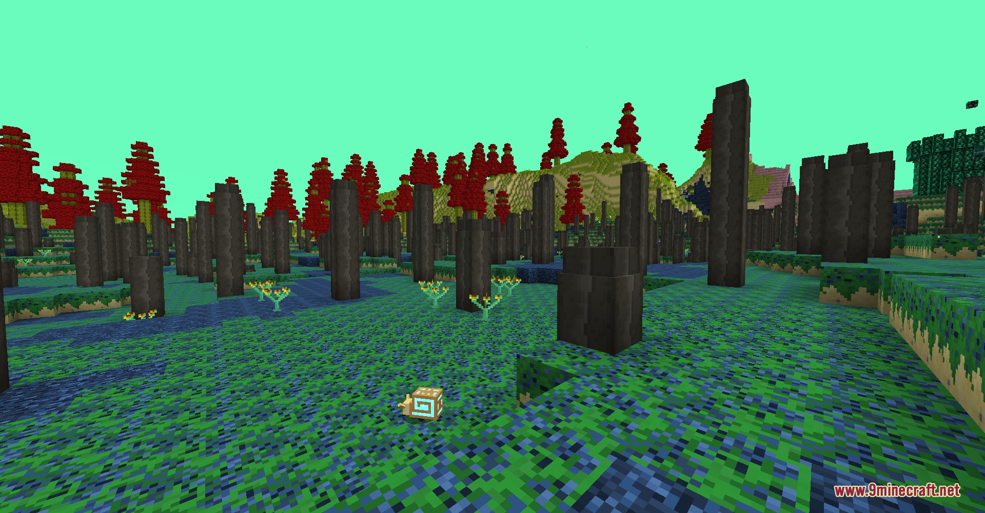 Spoduo the Spores Mod Screenshot 4 A small snail mob explores a dimension filled with tall dark fungal pillars