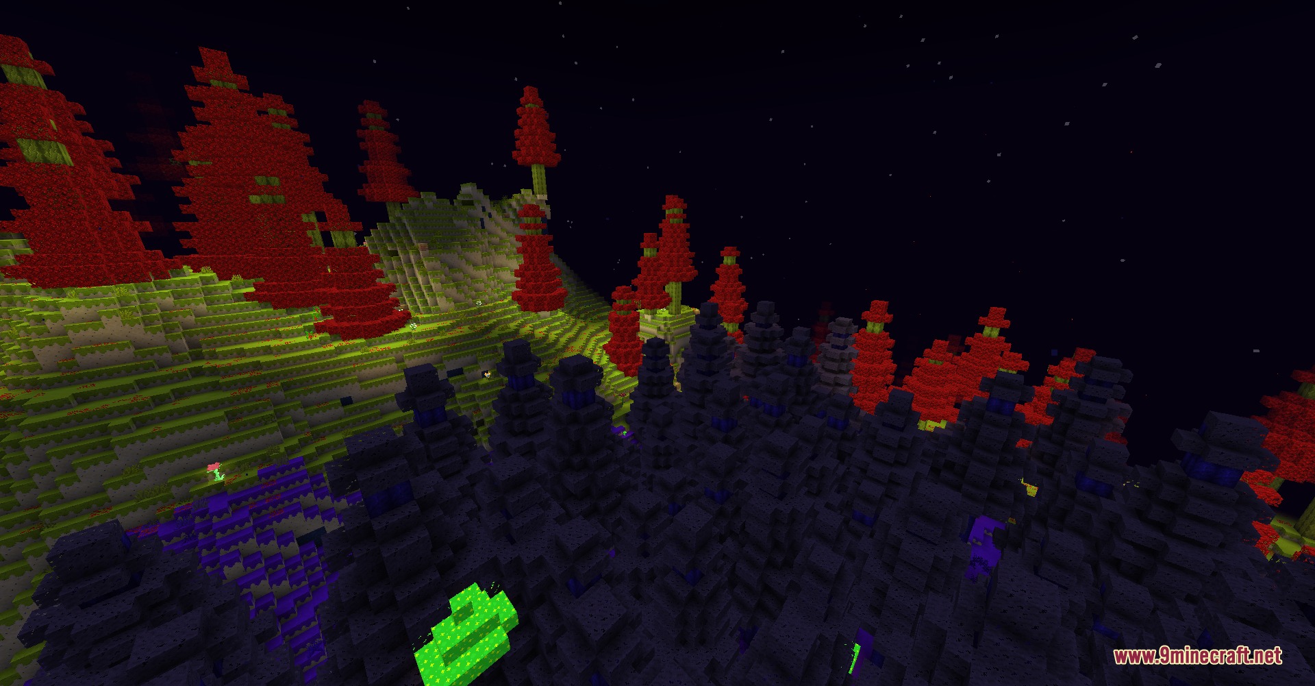 Spoduo the Spores Mod Screenshot 5 Dark landscape featuring black spiky structures and red trees in the Spoduo dimension