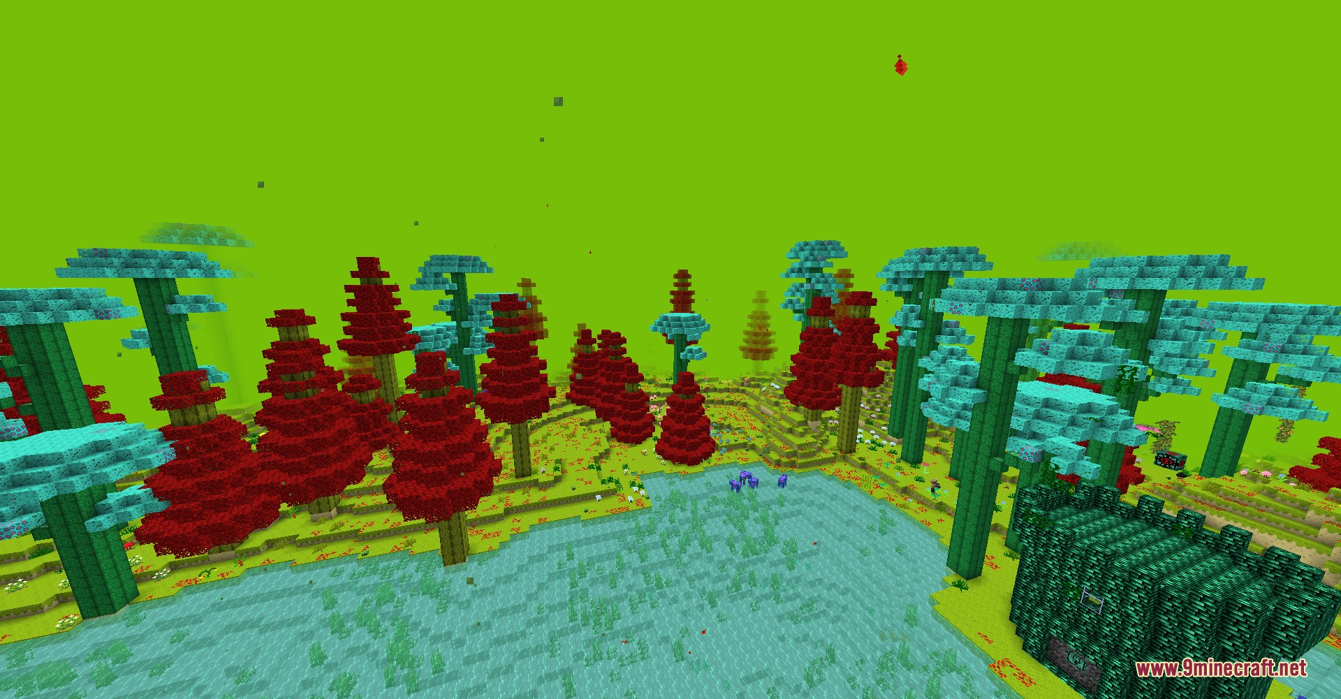 Spoduo the Spores Mod Screenshot 6 Vibrant forest with teal mushroom trees and red plants near a blue lake