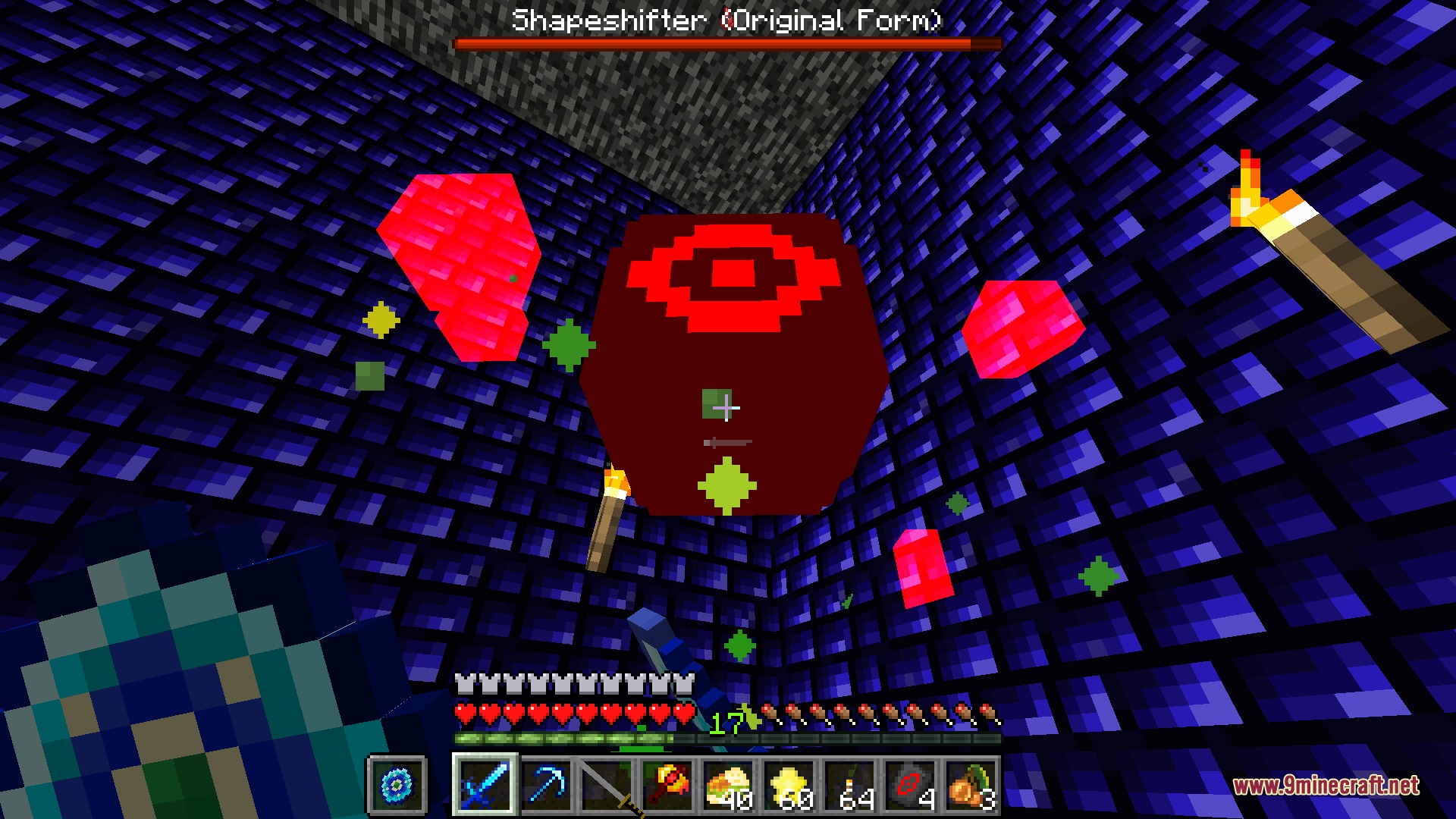 Spoduo the Spores Mod Screenshot 7 Player fighting the red Shapeshifter boss in a dark blue dungeon room
