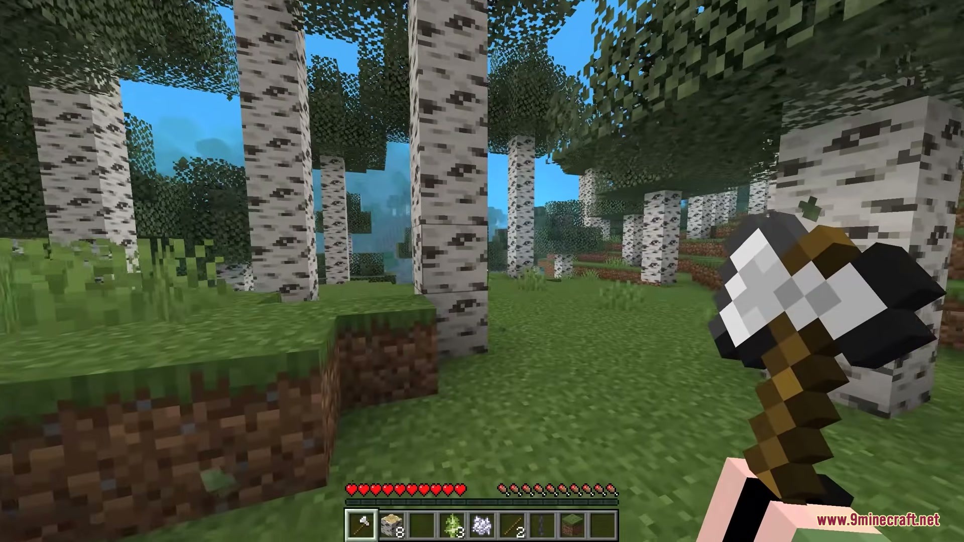 Player holding a stone axe in a birch forest where trees have eyes