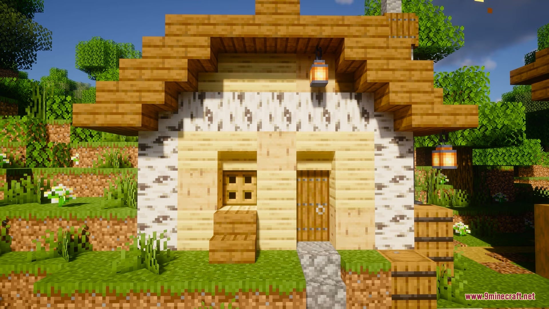 A small house built with birch logs featuring animated spooky eyes