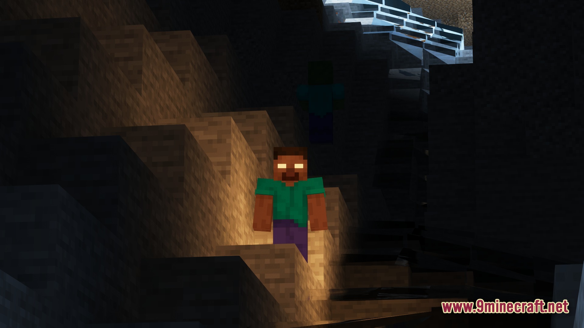 A glowing-eyed Herobrine entity stands on stone blocks inside a dark Minecraft cave system