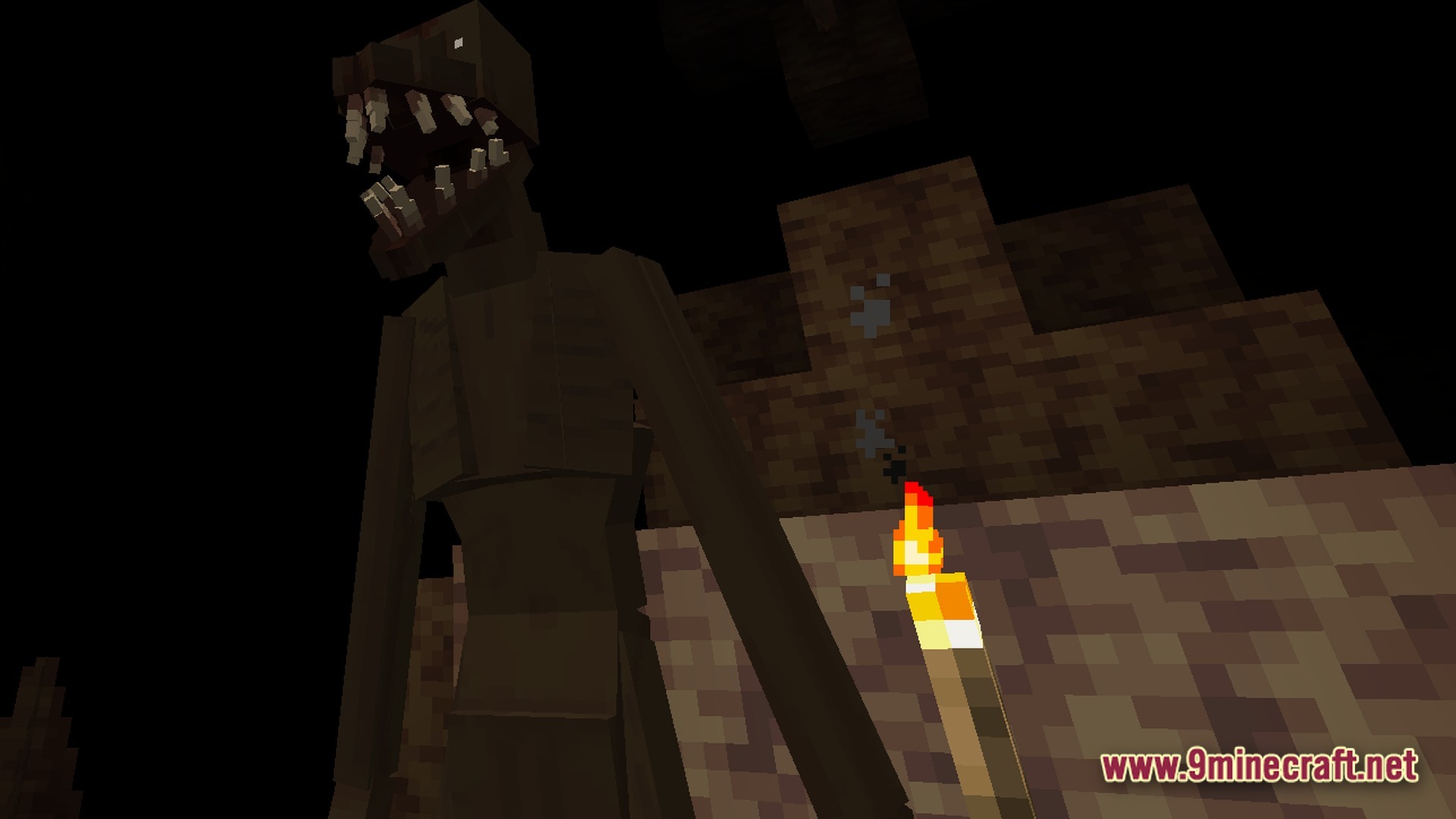 A tall, thin Cave Dweller mob with sharp teeth stands in a dark Minecraft cave