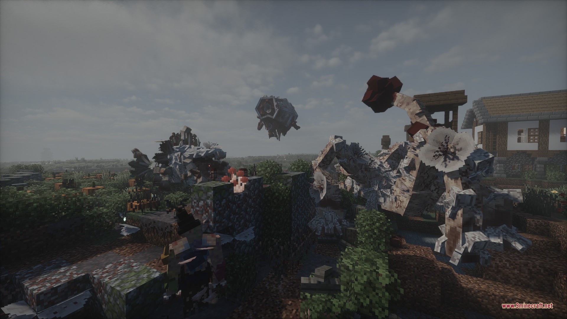 Spore Inquisition Data Pack Screenshot 10 Dangerous fungal creatures and mounds take over the land near a wooden house