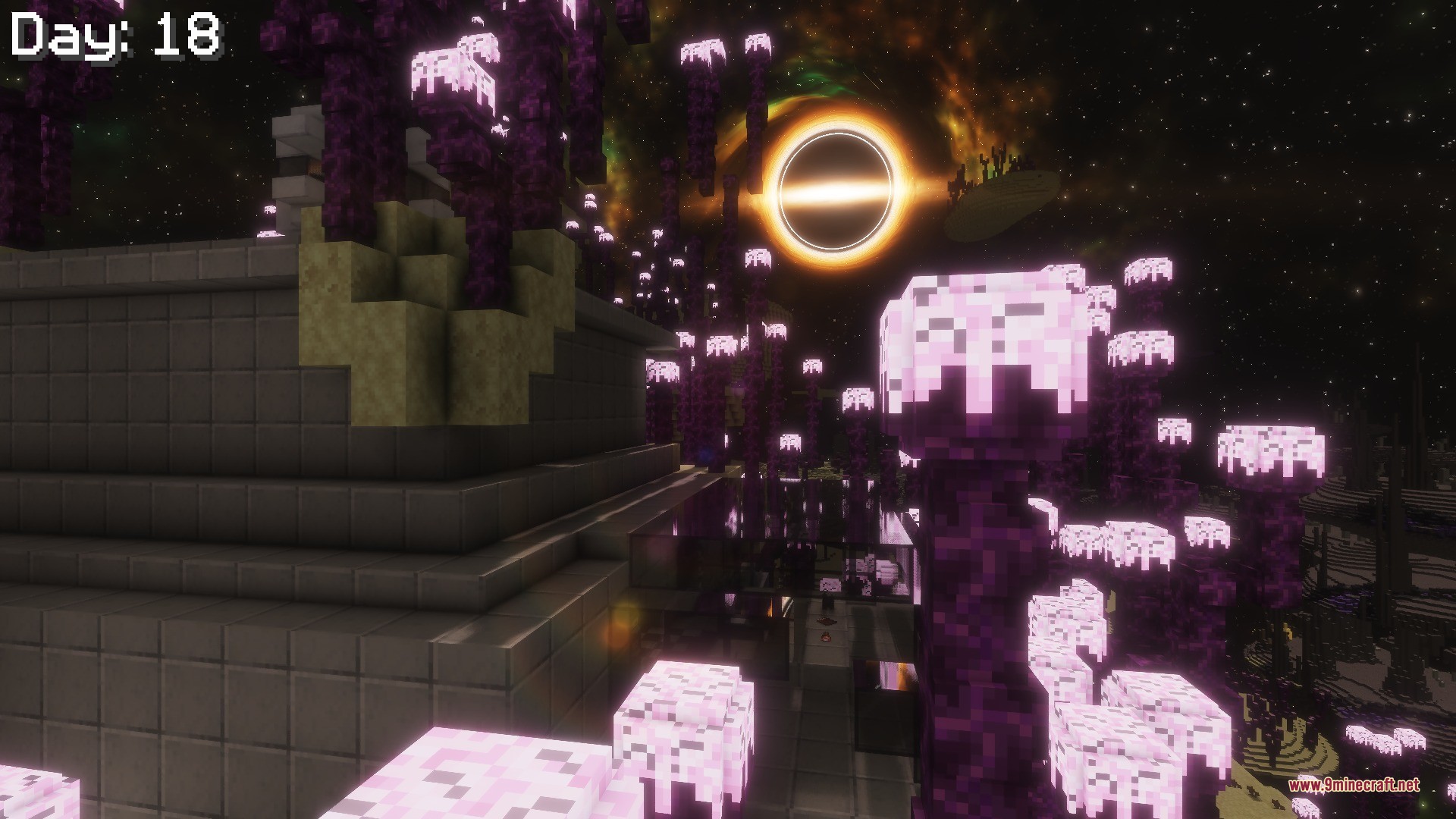 Spore Inquisition Data Pack Screenshot 2 Glowing purple plants grow beneath a massive black hole in the night sky