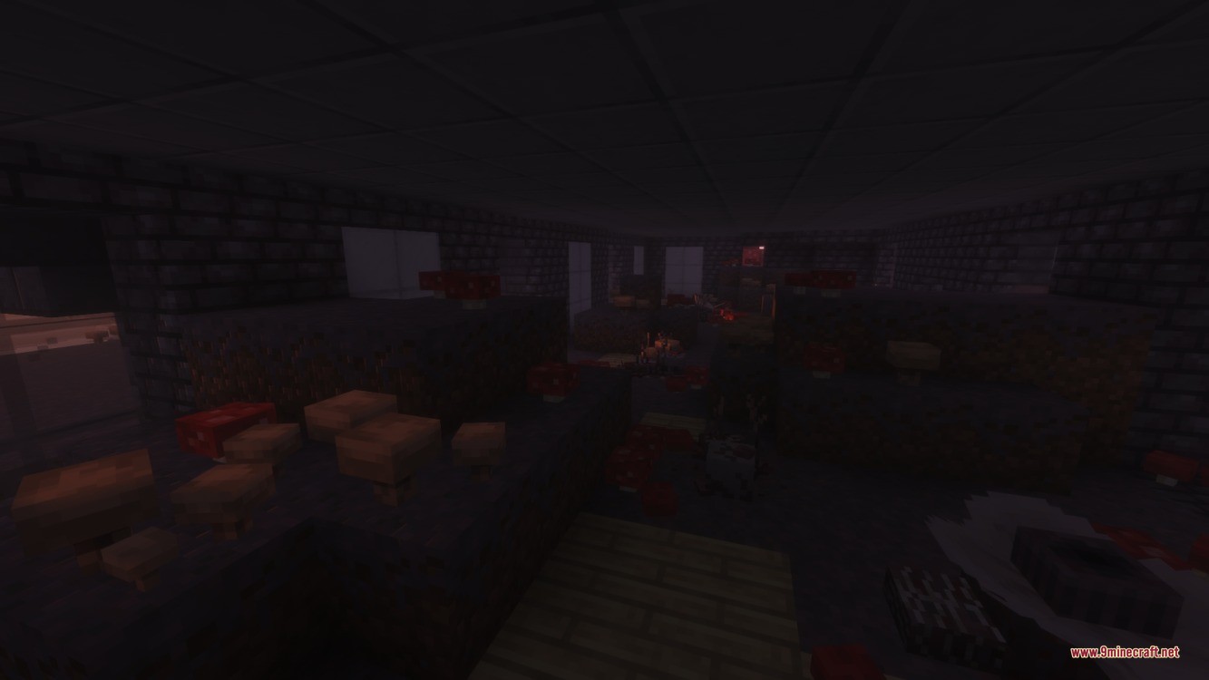Spore Inquisition Data Pack Screenshot 3 Dark interior of an abandoned stone building filled with red fungal spores