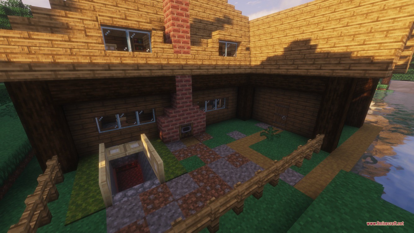 Spore Inquisition Data Pack Screenshot 4 A wooden house with a brick chimney and a cellar entrance in Minecraft