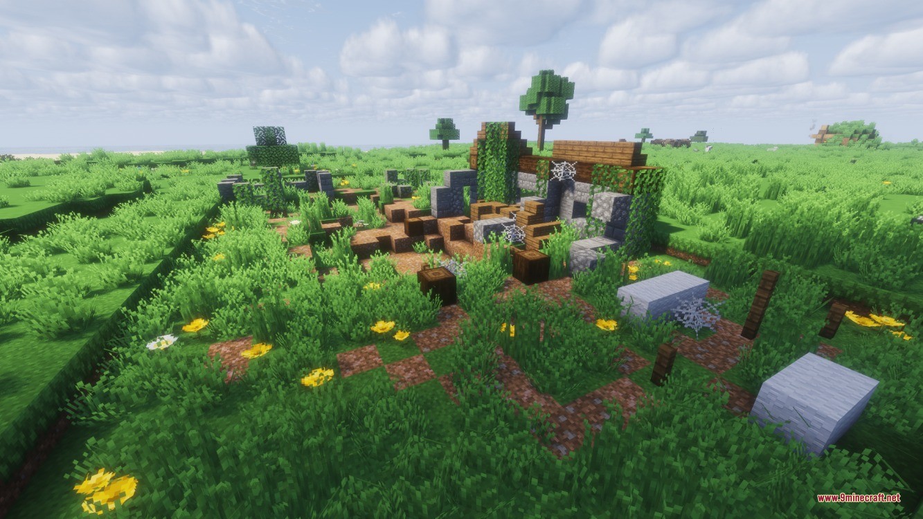 Spore Inquisition Data Pack Screenshot 6 Old abandoned structure with cobwebs and vines in a green field