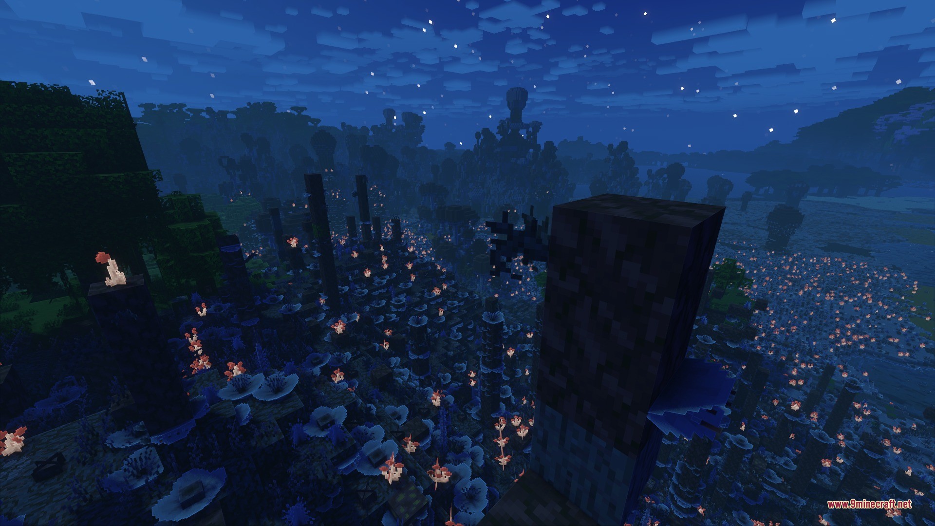 Spore Inquisition Data Pack Screenshot 7 A dark landscape filled with glowing blue fungal plants under a starry night sky