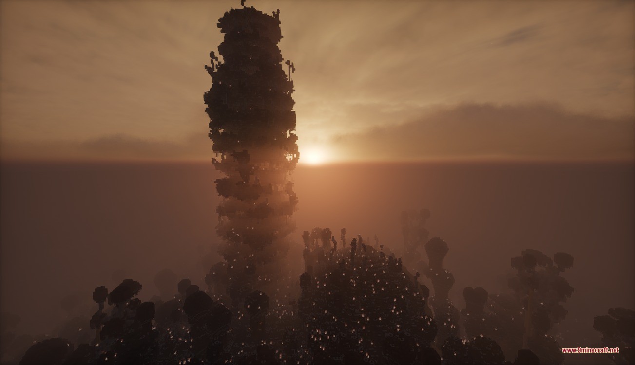 Spore Inquisition Data Pack Screenshot 8 A tall dark tower overlooks a foggy landscape covered in glowing fungal infection mounds