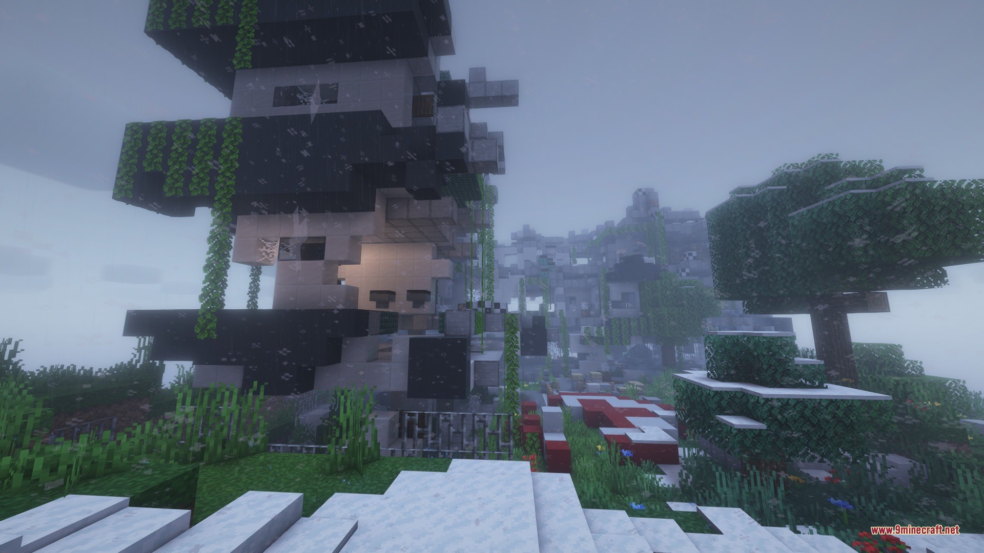 Spore Inquisition Data Pack Screenshot 9 Abandoned spore buildings covered in vines stand tall in a thick grey fog