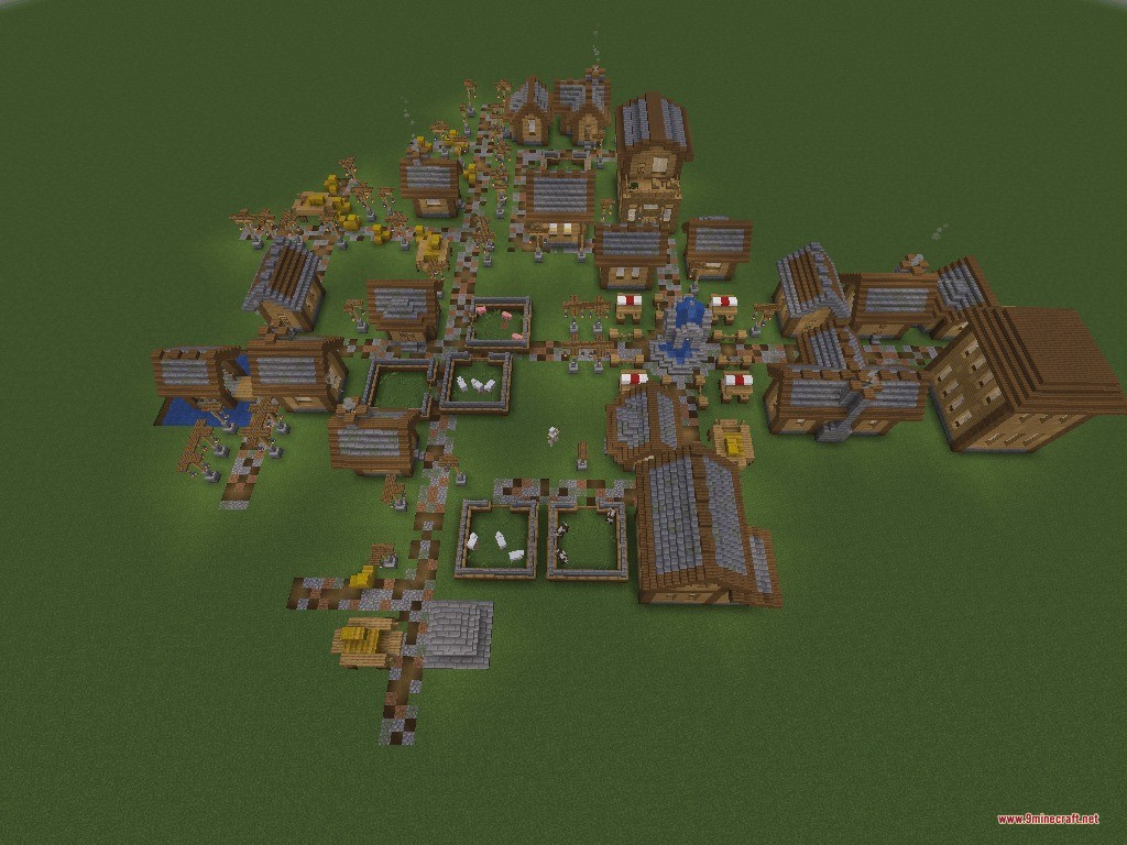 Overhead view of a village with animal enclosures and houses along stone paths