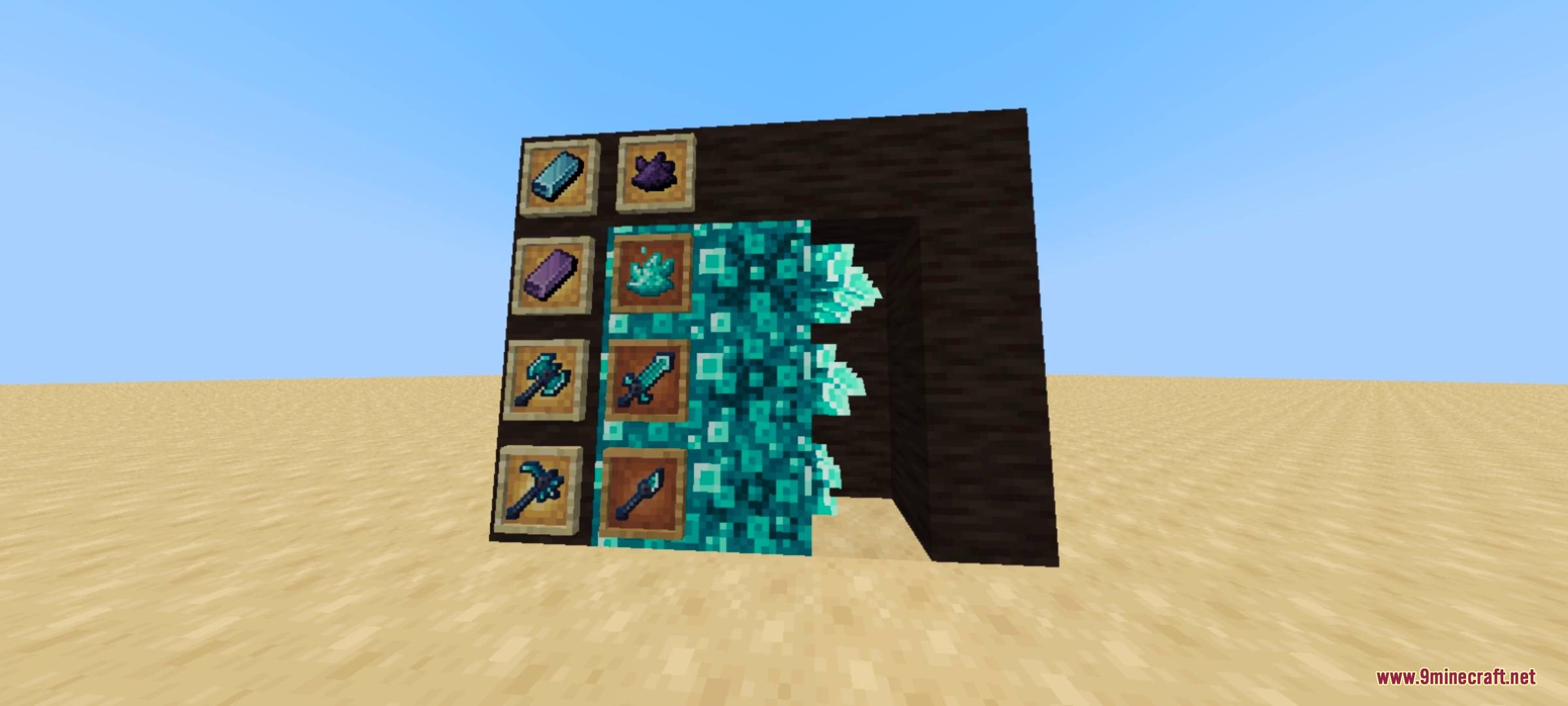 Blue and purple modded items in frames next to a glowing crystal