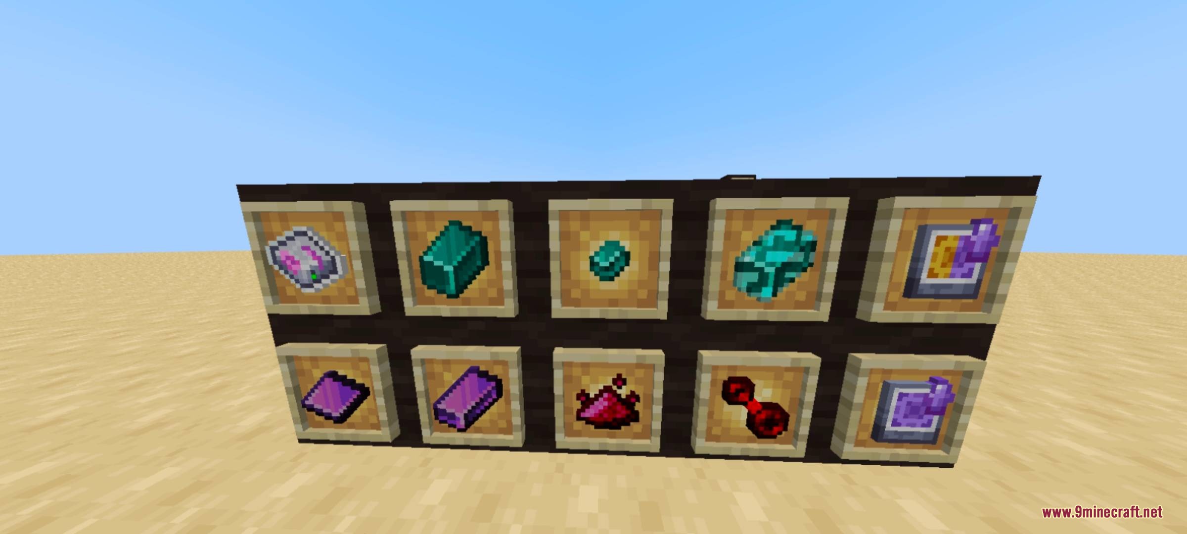 Modded ingots and processors displayed in item frames with a blocky art style