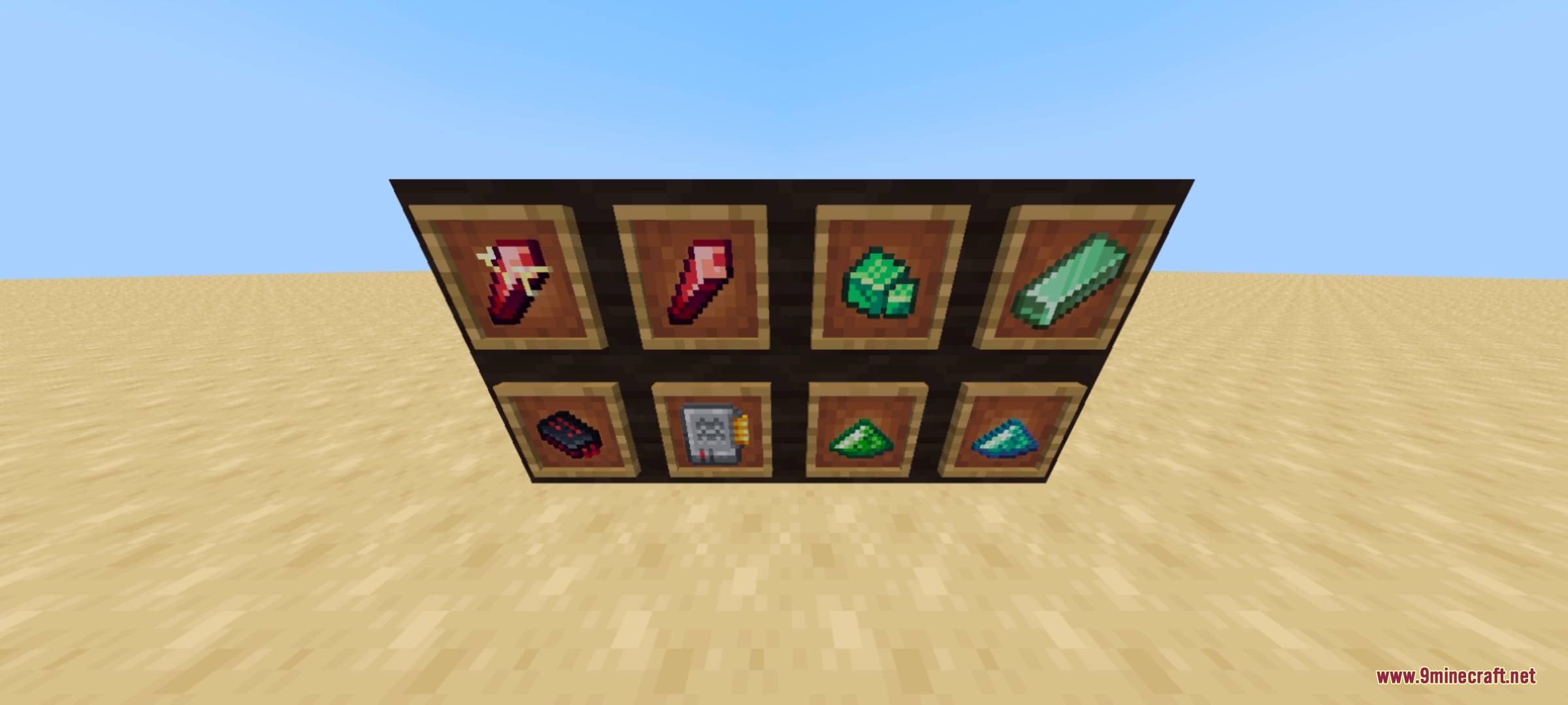 Custom ingots and gems displayed in item frames within a desert biome