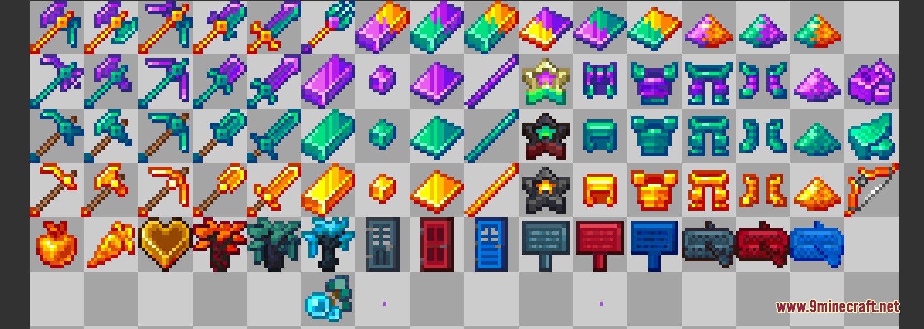 A grid showing various colorful tools and armor from Squareful Shrimp Patch Resource Pack