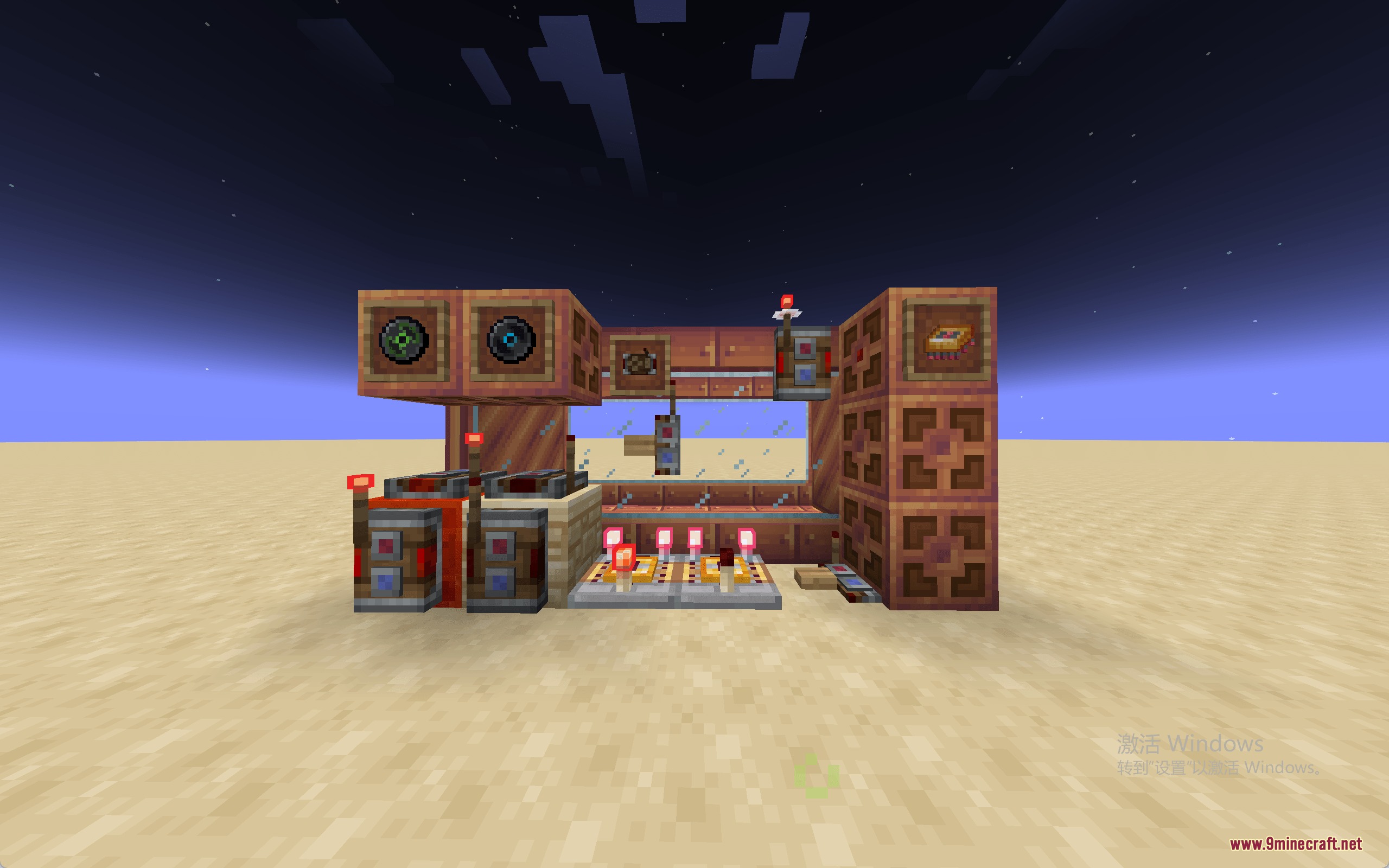 A complex copper redstone machine with music discs in a desert night