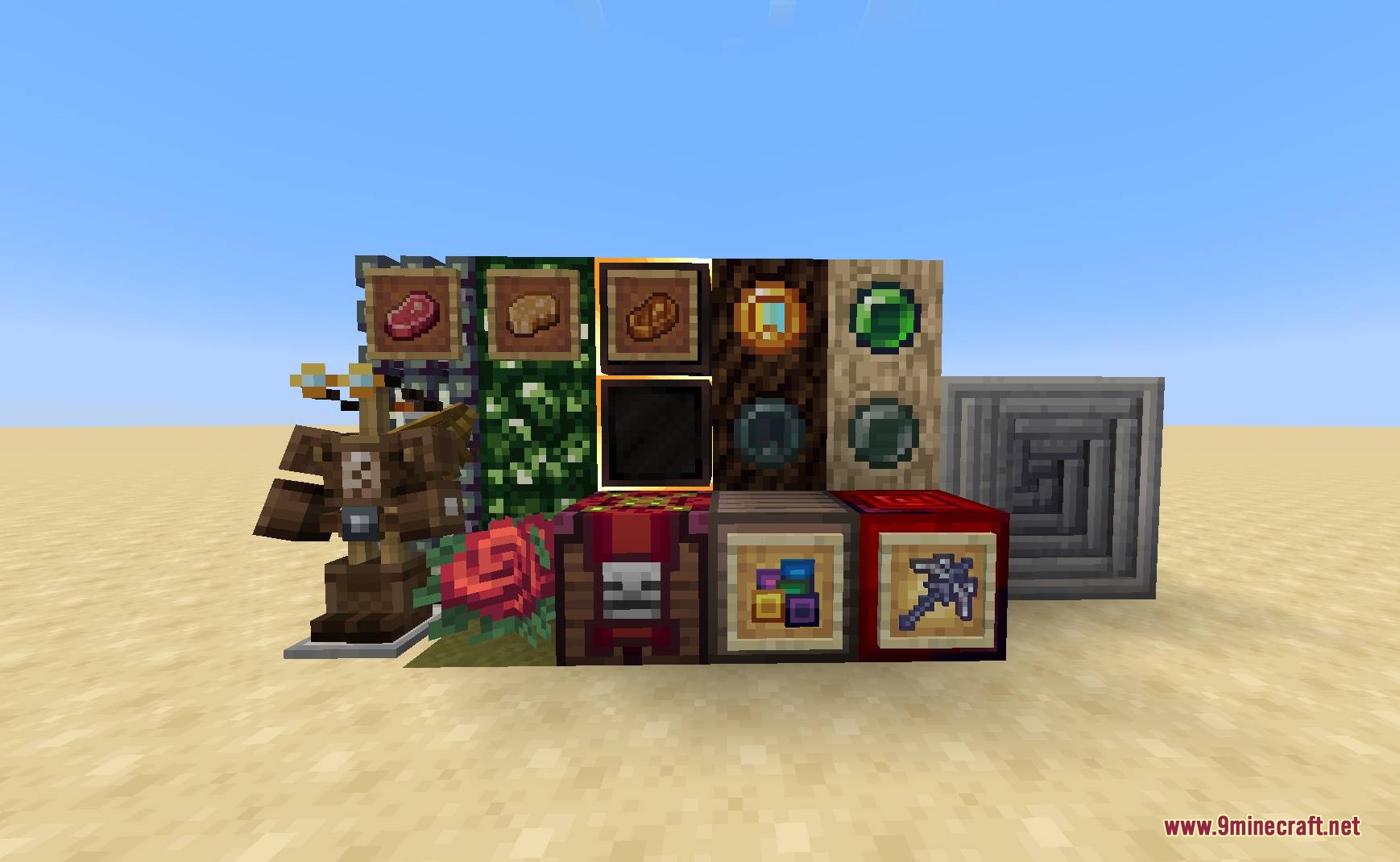 An armor stand and food items shown with blocky square themed textures