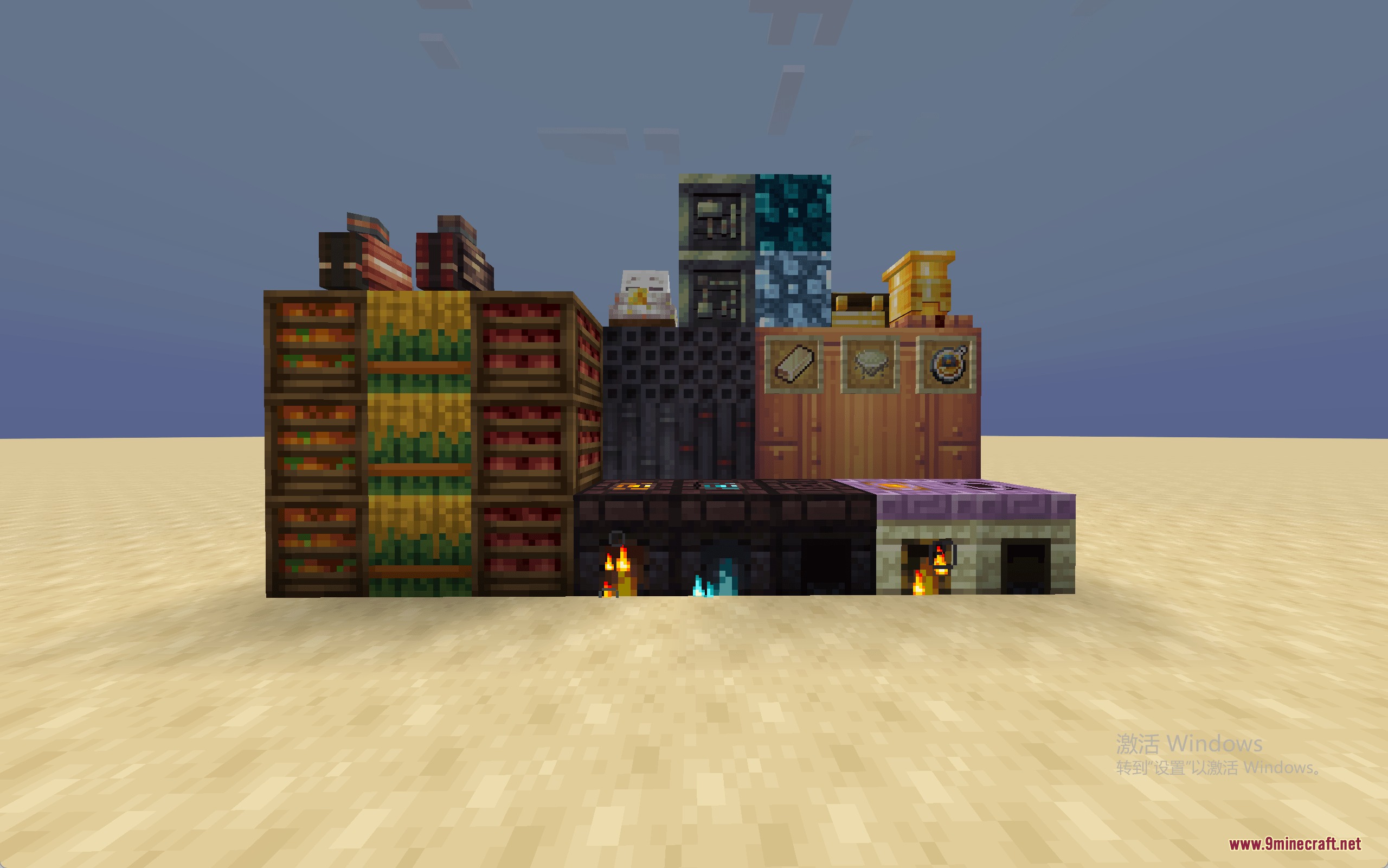 Bookshelves and furnaces featuring a unique square art style for modded blocks