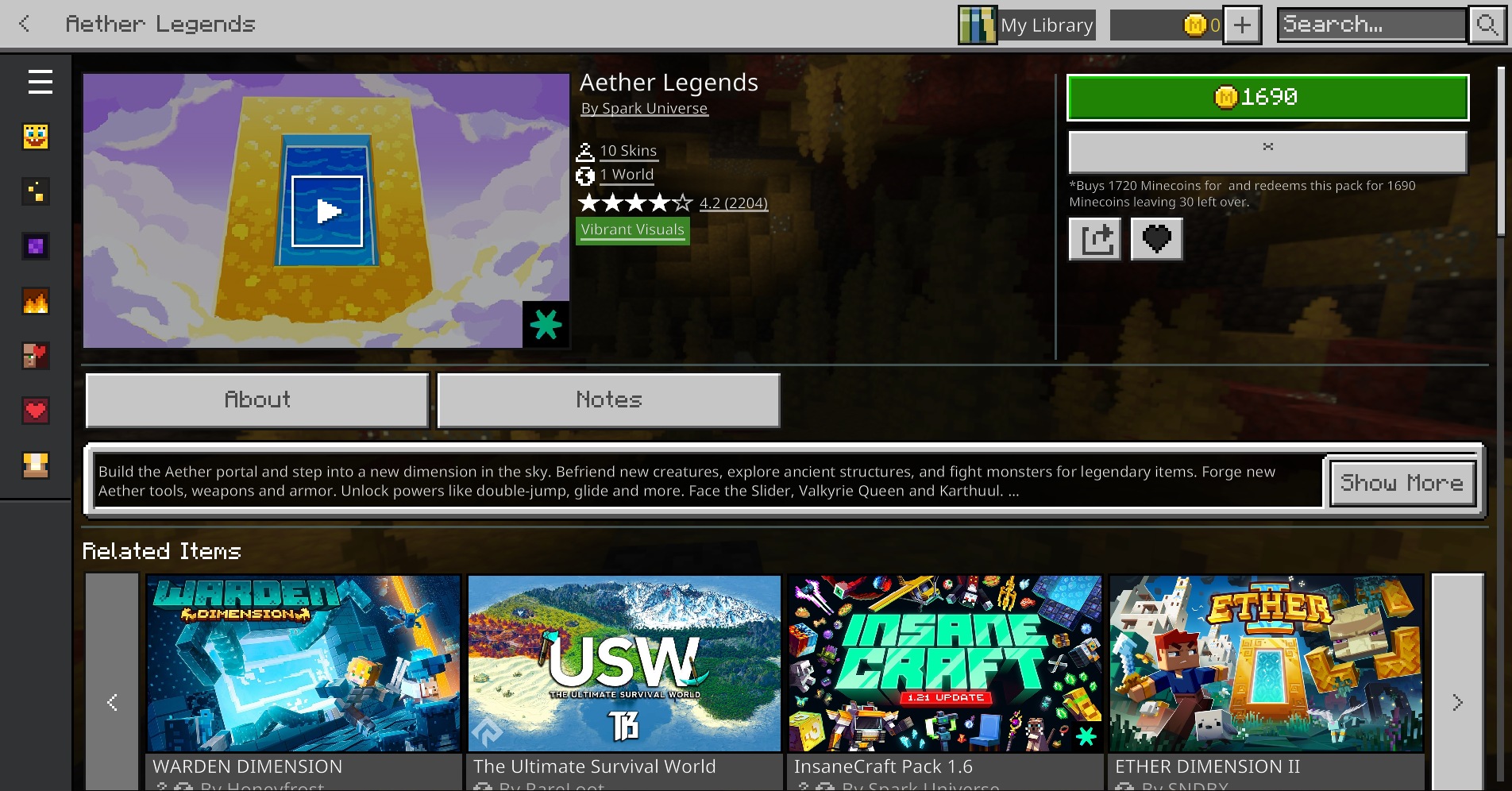 Squid Game - Minecraft Bedrock Edition Map Screenshot 2 The Minecraft Marketplace interface displays information about the Aether Legends world pack
