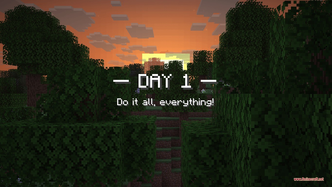 Standard Day Counter Data Pack Screenshot 1 Minecraft sunrise over a forest biome showing the Day one notification