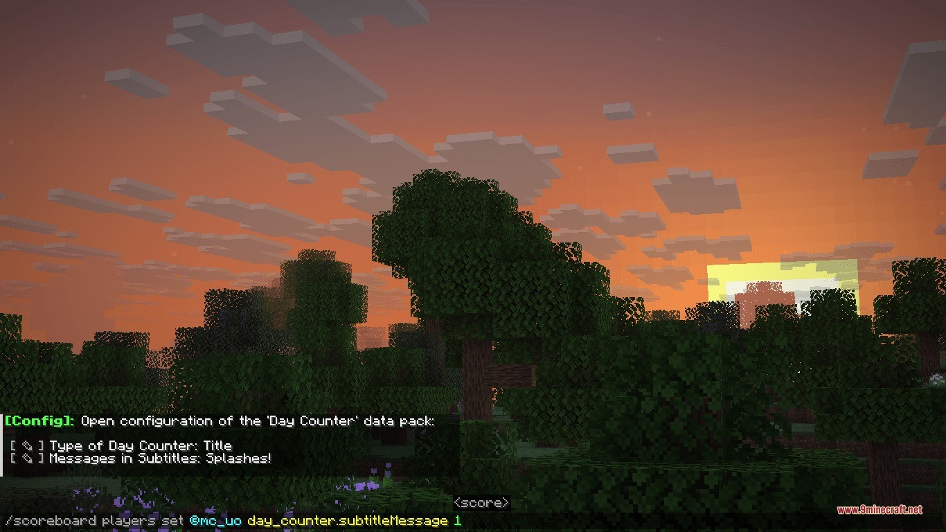 Standard Day Counter Data Pack Screenshot 3 Configuring the Day Counter data pack settings during a sunset in Minecraft