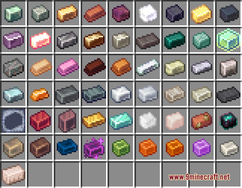 Standardized Ingots Create and More Resource Pack Screenshot 2 Various metal ingots with standardized shapes displayed in a Minecraft inventory grid