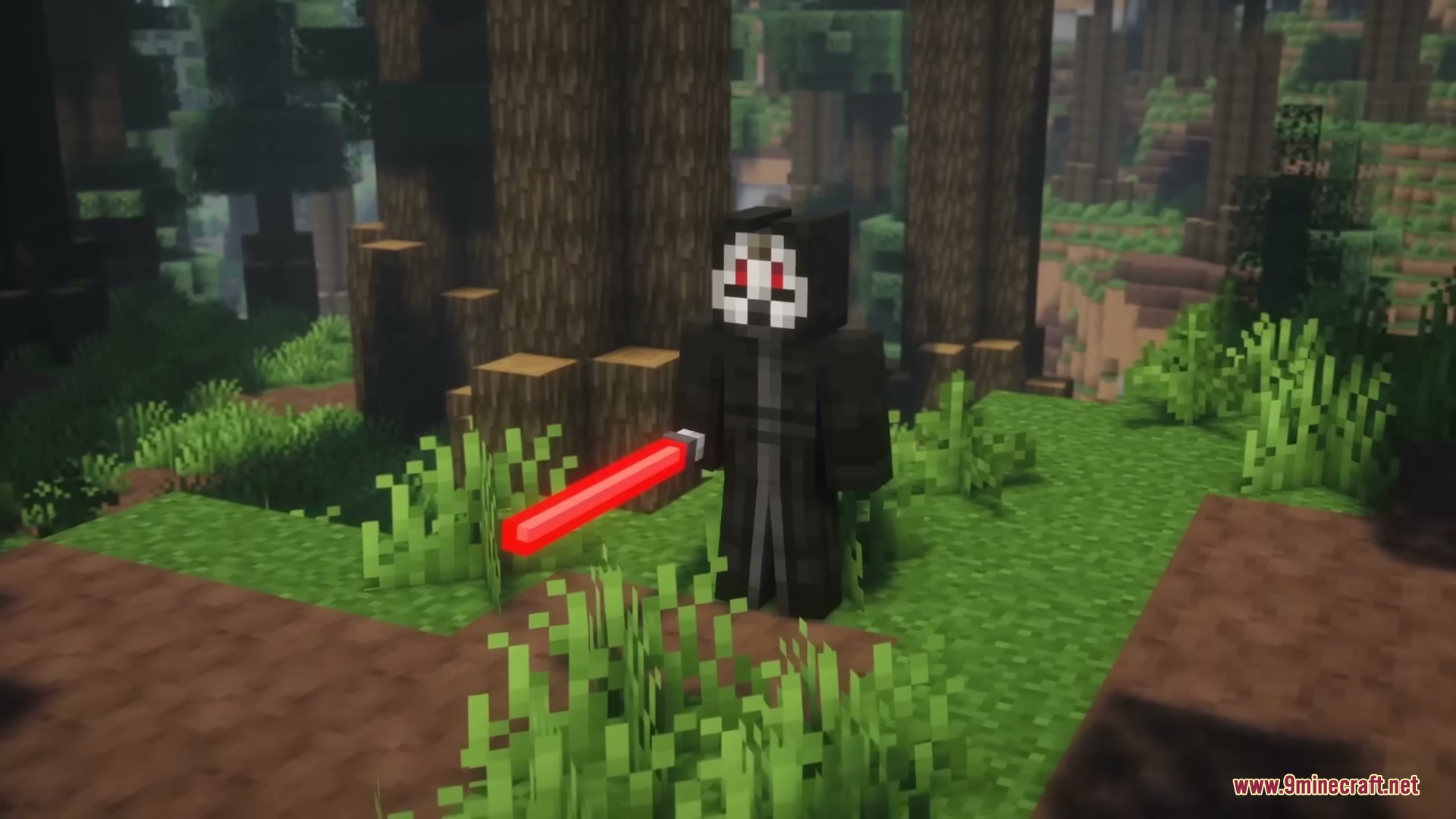 A Sith character holding a red lightsaber in a dense forest