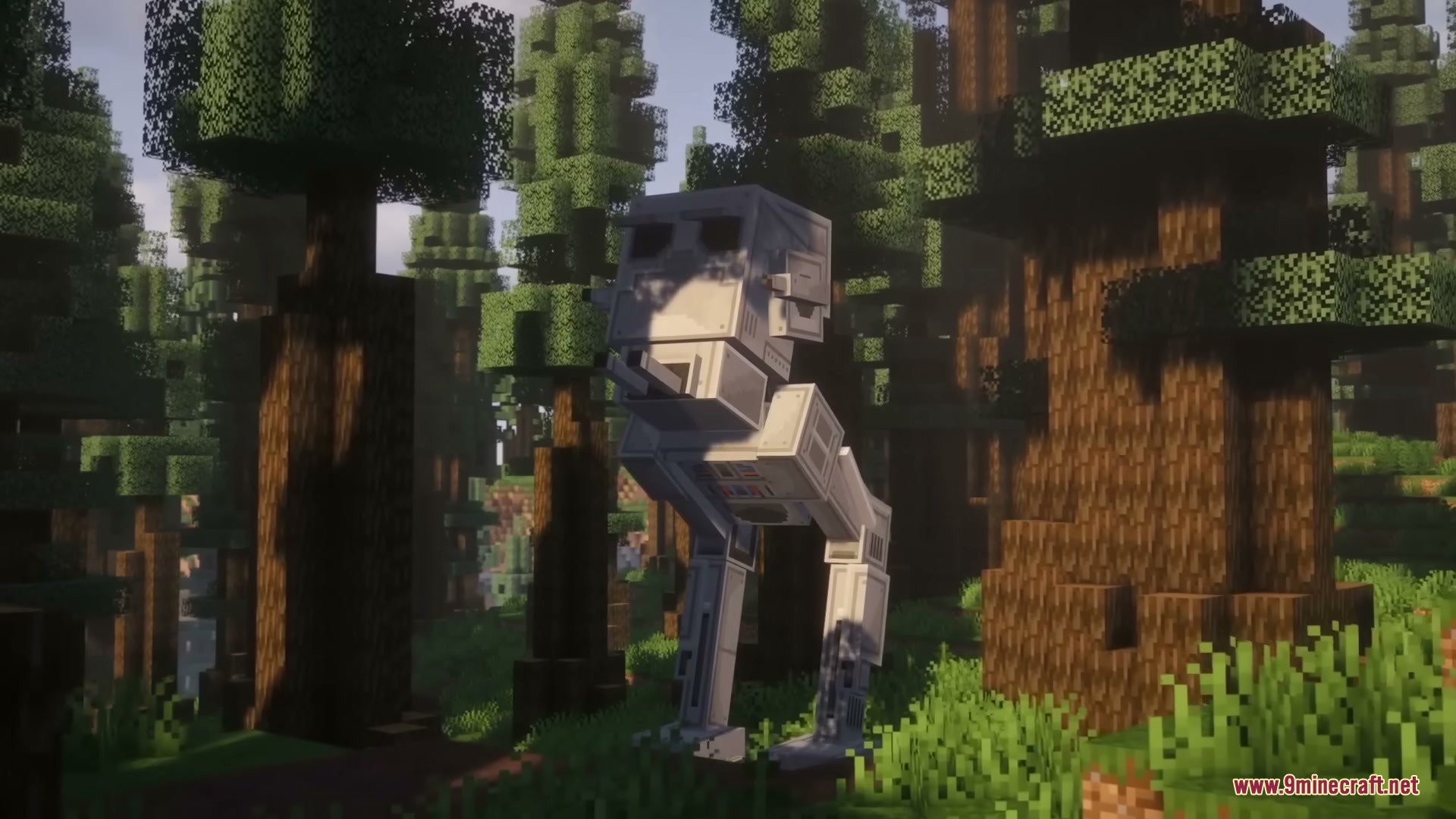 A tall ATST walker stands among the trees in a Minecraft forest biome