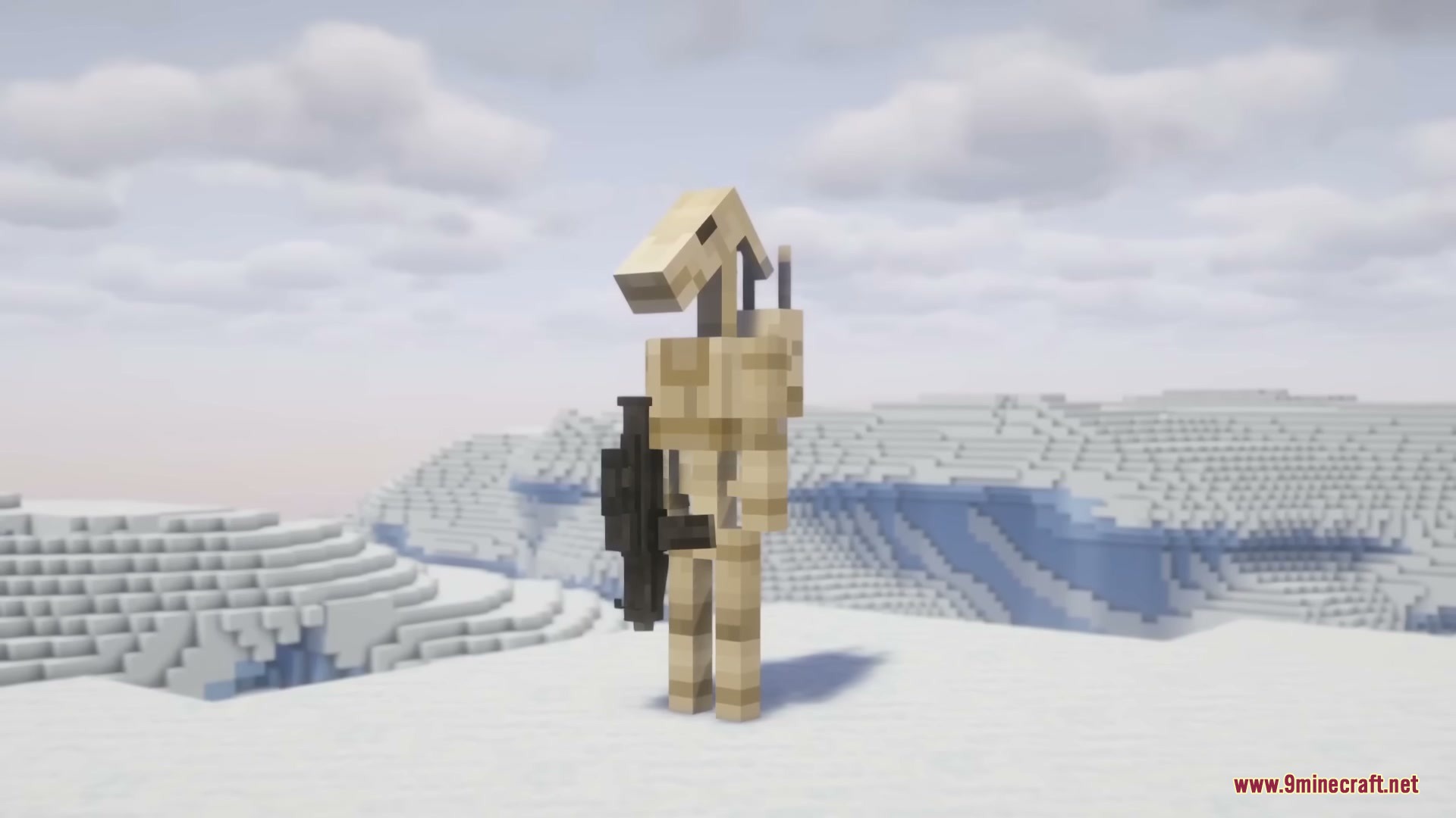 A Battle Droid stands in a snowy biome holding a black blaster