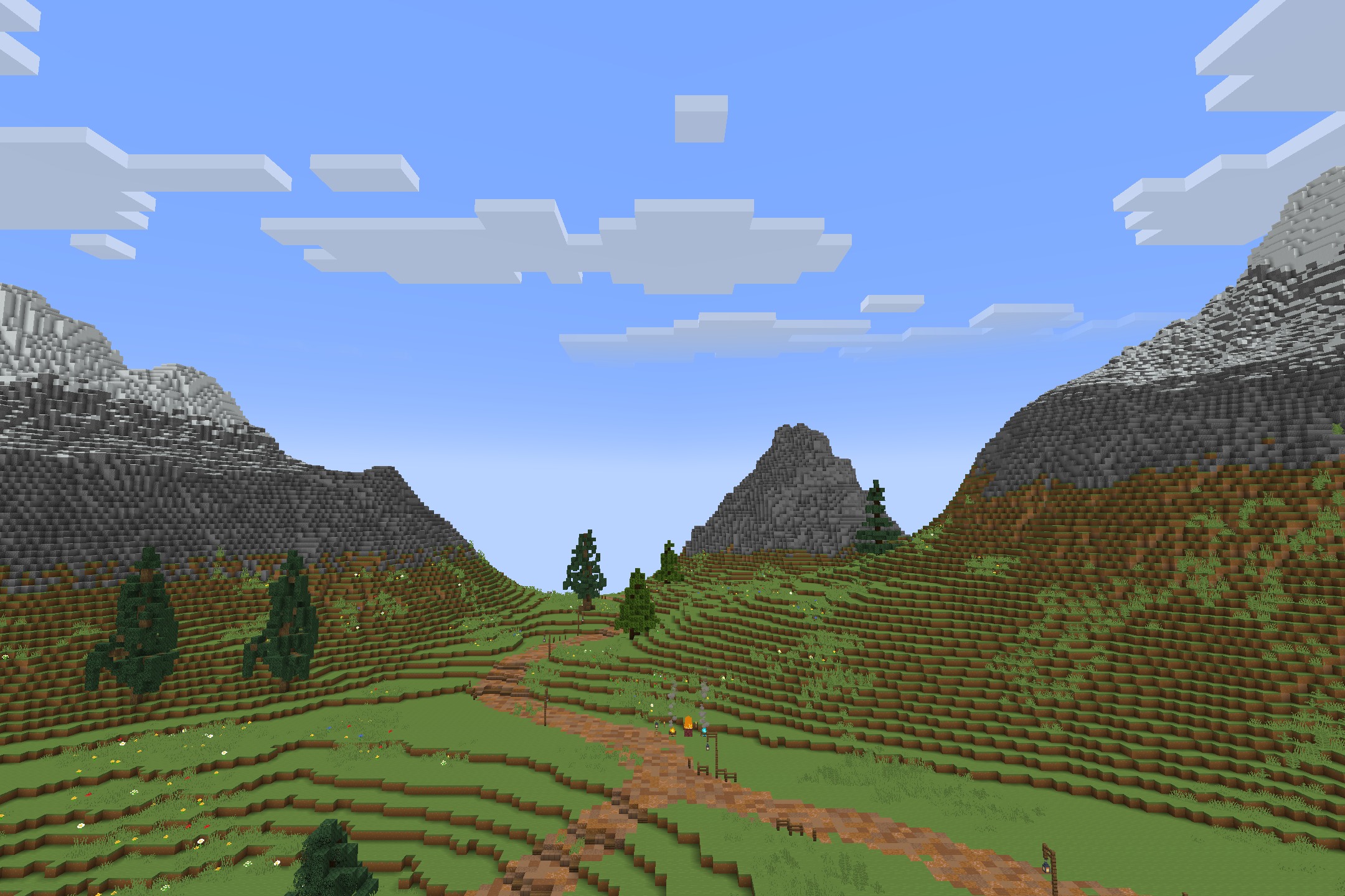 Starboyz2743 PvP Pack Resource Pack Screenshot 10 Lush green valley with tall mountains and a dirt path under cloudy sky