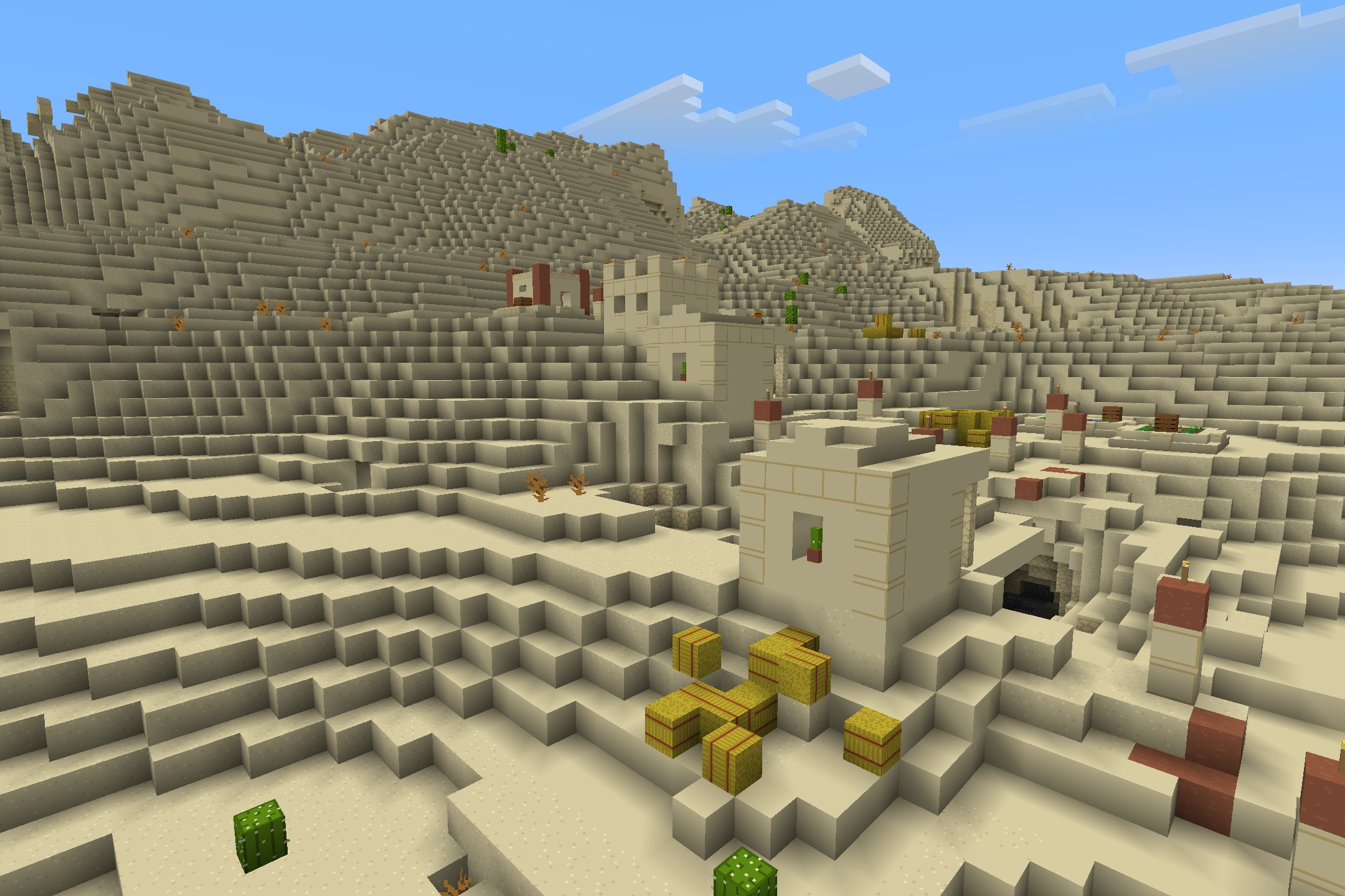 Starboyz2743 PvP Pack Resource Pack Screenshot 5 Clean desert landscape featuring a small village building and golden hay bales