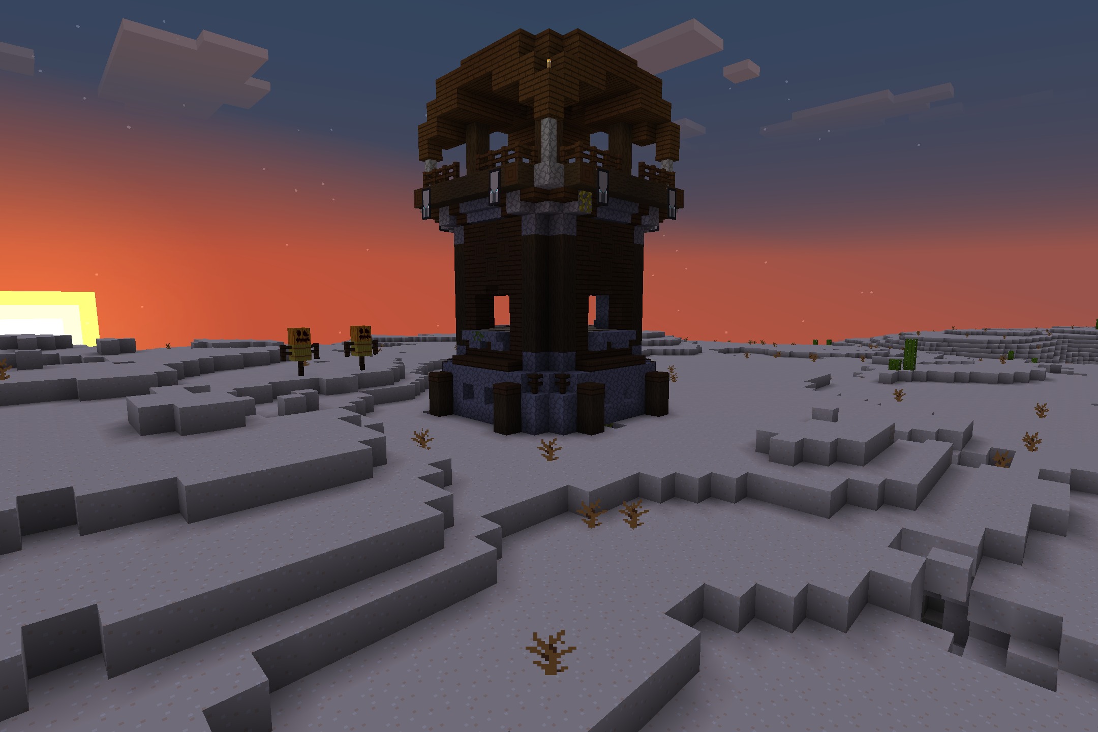 Starboyz2743 PvP Pack Resource Pack Screenshot 7 A large Pillager Outpost stands in a desert biome during a sunset