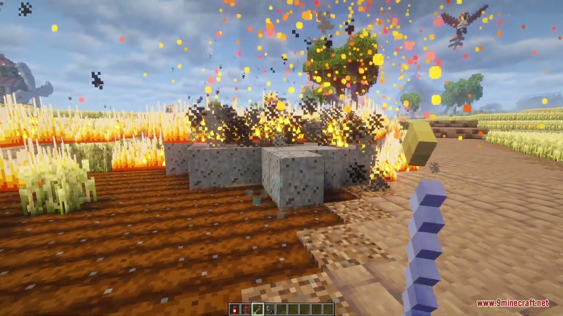 Player using a fire extinguisher to combat a massive wildfire with smoke